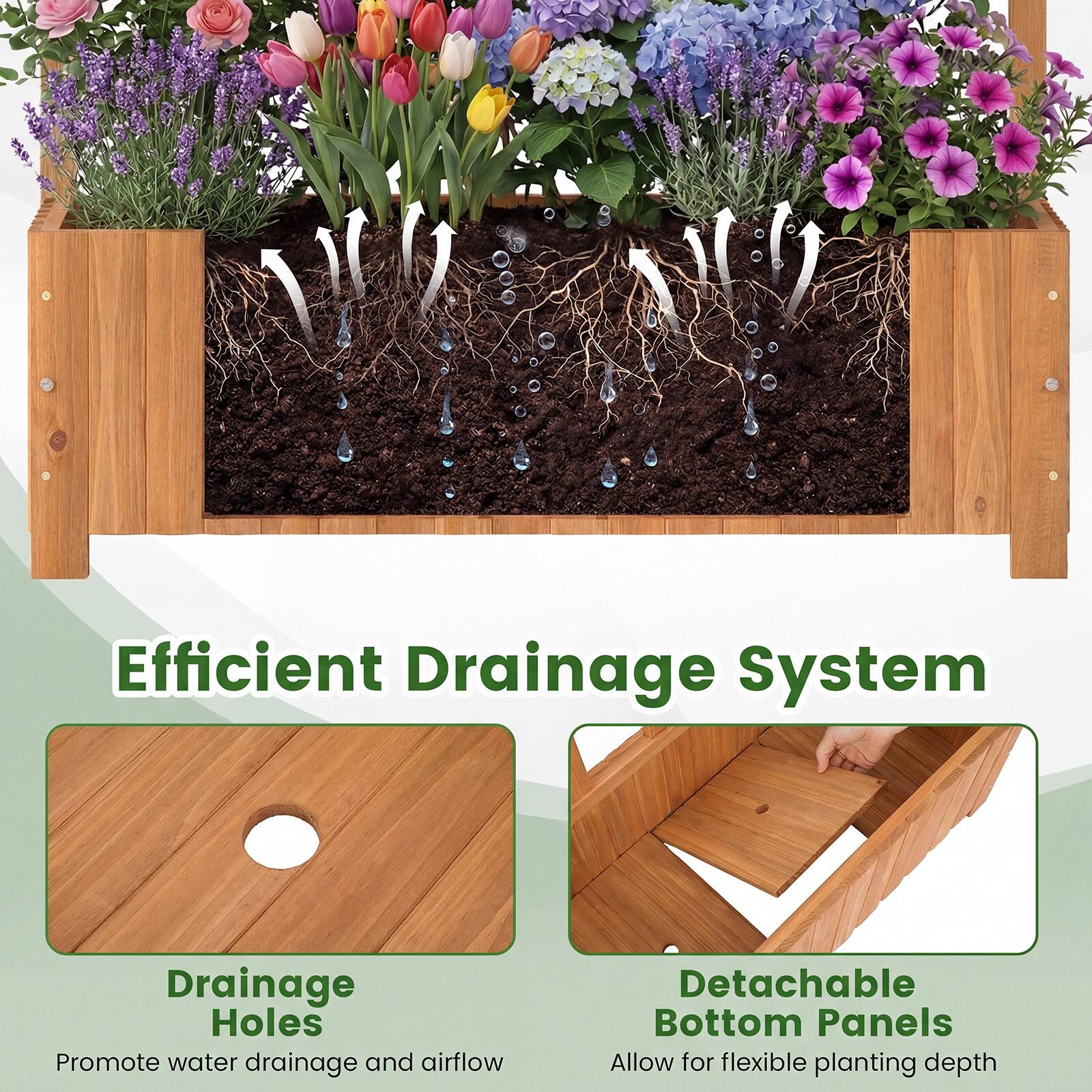 Efficient Drainage System

Drainage Holes
Promote water drainage and airflow

Detachable Bottom Panels
Allow for flexible planting depth