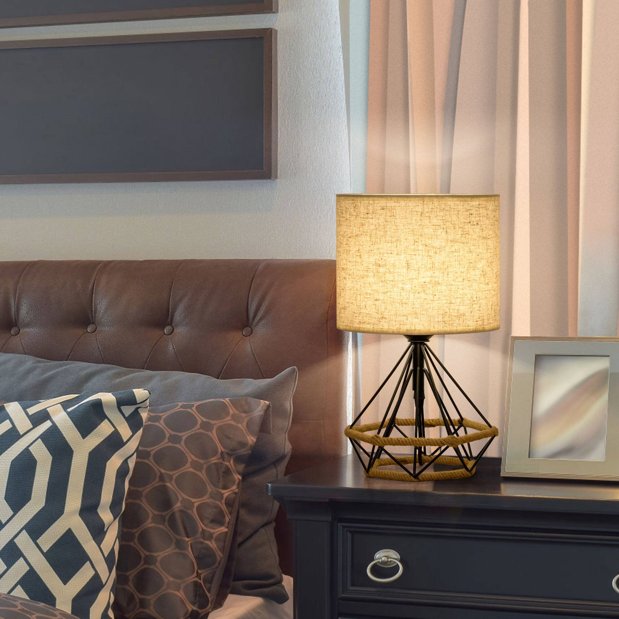 Left. Oumilen - 15In Black Metal Frame Table Lamp with Jute Rope Accent Linen Shade Modern Geometric Bedside Lamp.