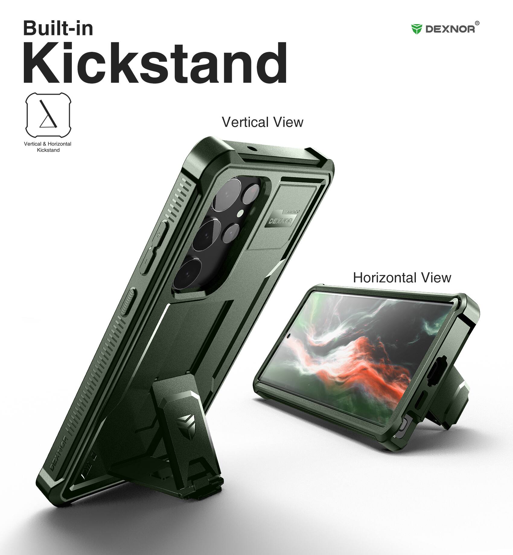 Built-in Kickstand, Vertical View, Horizontal View
