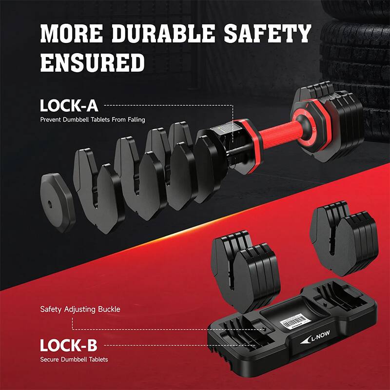 MORE DURABLE SAFETY ENSURED

LOCK-A  
Prevent Dumbbell Tablets From Falling

Safety Adjusting Buckle

LOCK-B  
Secure Dumbbell Tablets