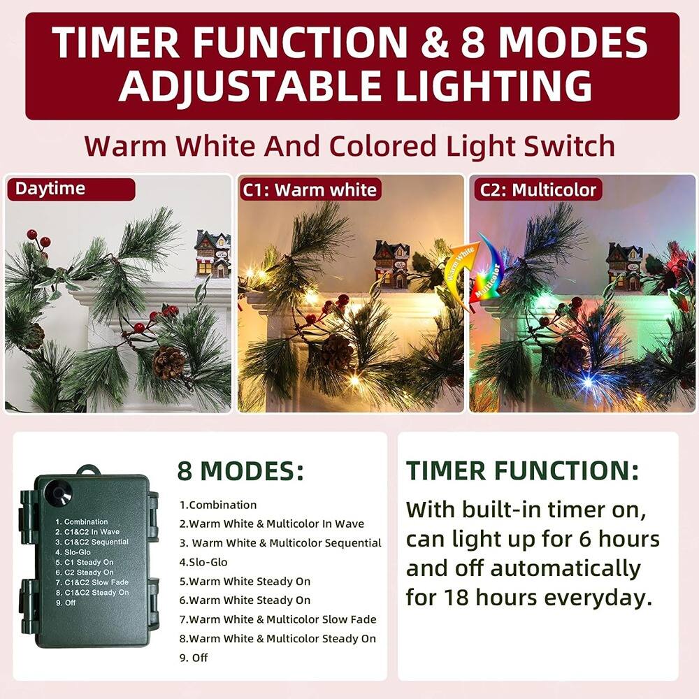 **TIMER FUNCTION & 8 MODES ADJUSTABLE LIGHTING**

Warm White And Colored Light Switch

**Daytime**

- C1: Warm white
- C2: Multicolor

**8 MODES:**
1. Combination
2. Warm White & Multicolor In Wave
3. Warm White & Multicolor Sequential
4. Slo-Glo
5. Warm White Steady On
6. Warm White Steady On
7. Warm White & Multicolor Slow Fade
8. Warm White & Multicolor Steady On
9. Off

**TIMER FUNCTION:**
With built-in timer on, can light up for 6 hours and off automatically for 18 hours everyday.