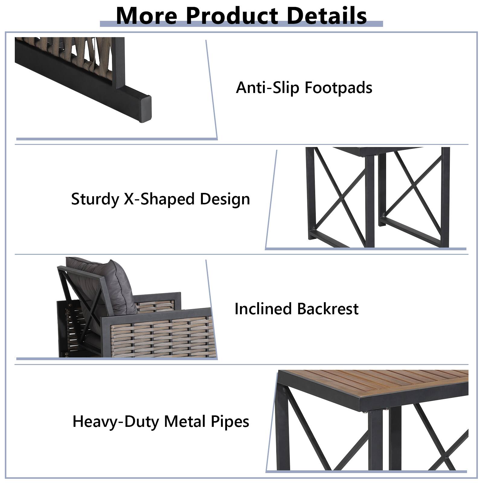 More Product Details

- Anti-Slip Footpads
- Sturdy X-Shaped Design
- Inclined Backrest
- Heavy-Duty Metal Pipes