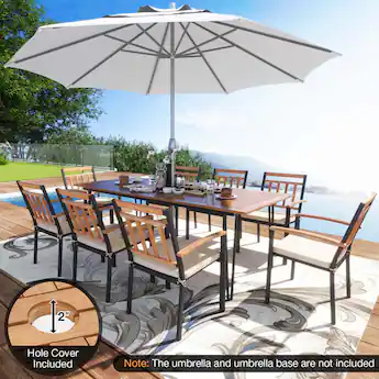 8 person patio dining set with umbrella SUNSITT 9-Piece Outdoor Wooden Set, 90.6" Rectangular Table & Chairs White Cushions & Hole, Burlywood duty steel frame with E 8-Piece Patio Dining Set with
