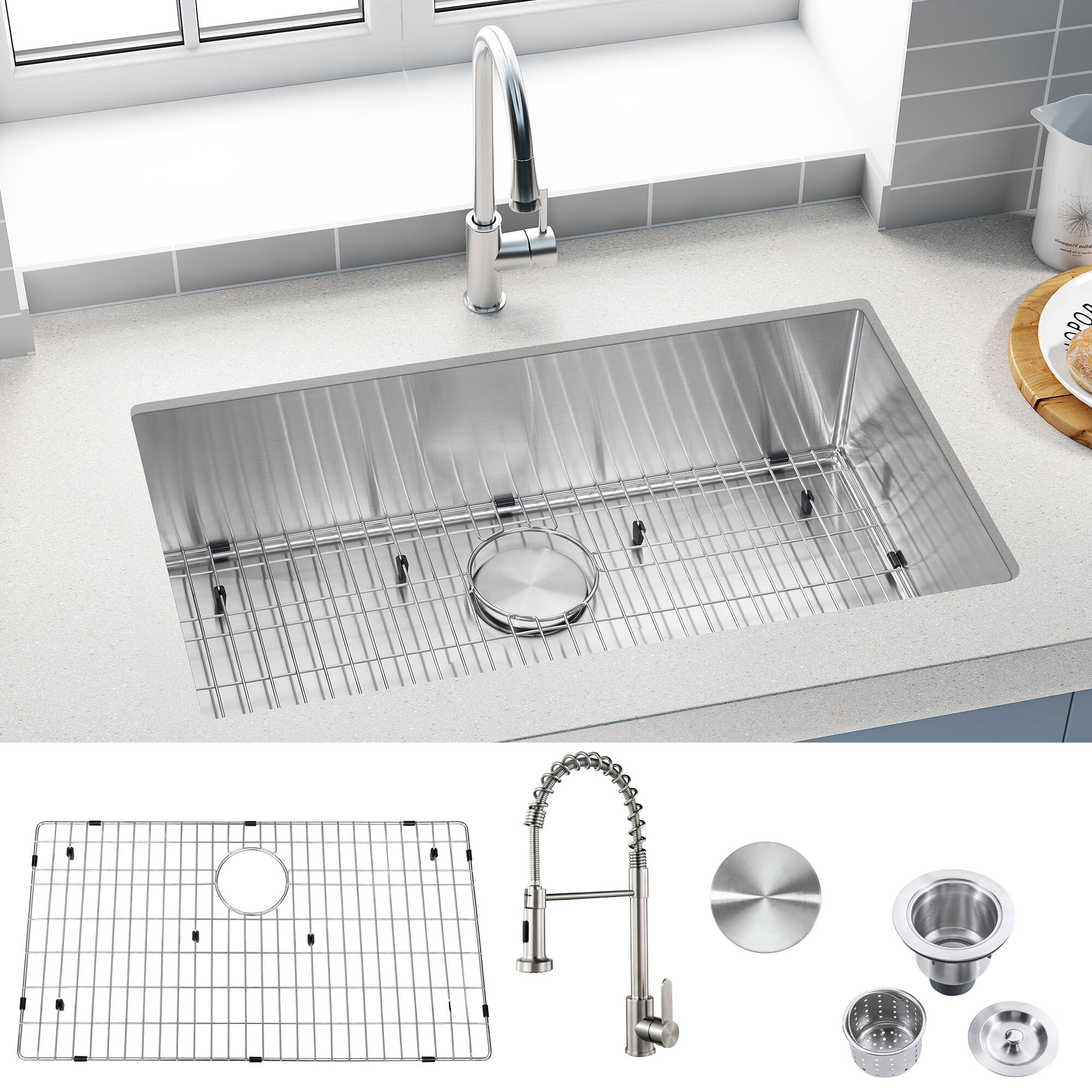 Left. Akicon - Akicon 32 in. Undermount Single Bowl 18-Gauge Kitchen Sink and Pull-Down Faucet with Bottom Grid and Basket Strainer - Silver.