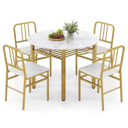 Front. Costway - Costway 5-Piece Round Dining Table Set, Space-saving Dinette Table Set with Storage Shelf - White,Gold.