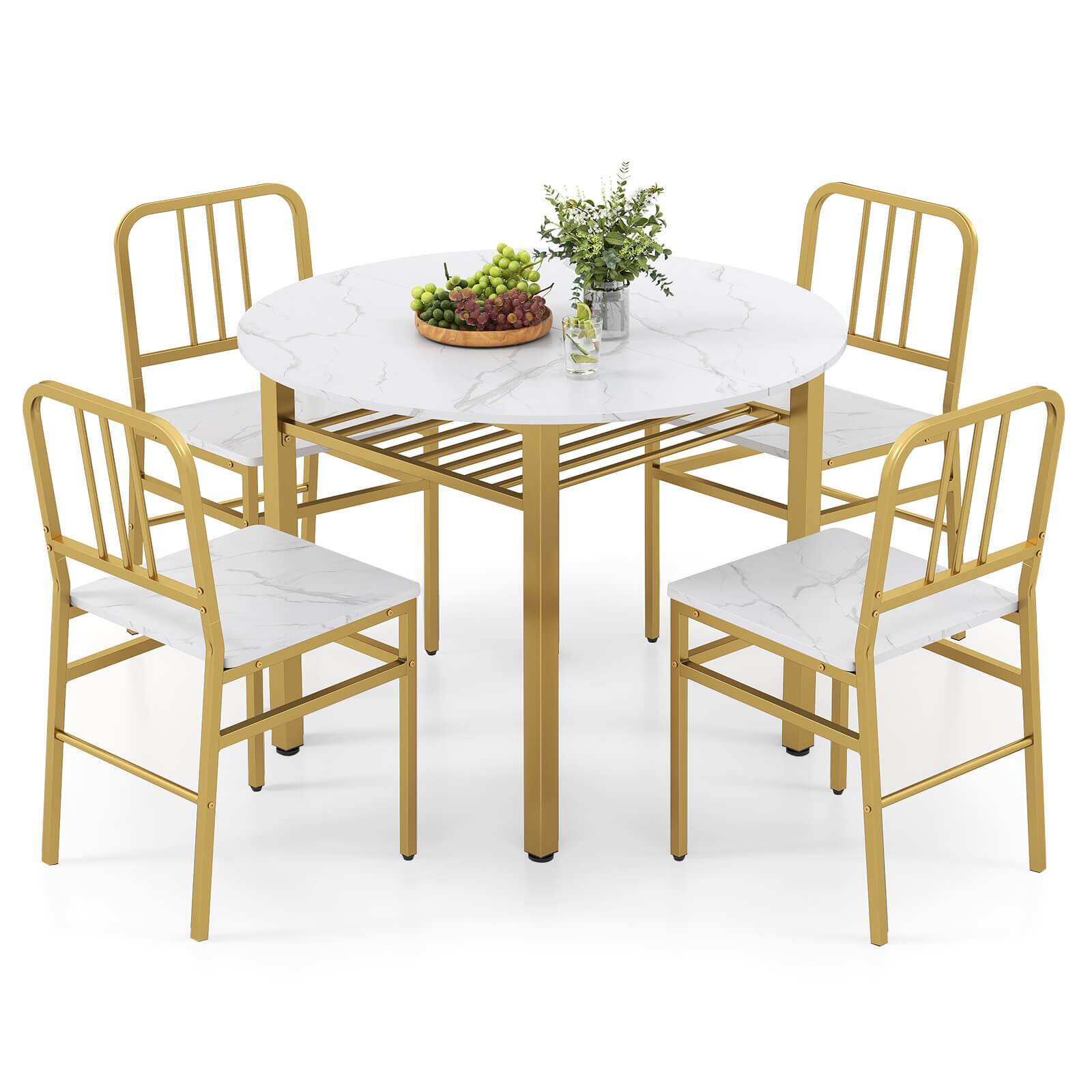 Front. Costway - Costway 5-Piece Round Dining Table Set, Space-saving Dinette Table Set with Storage Shelf - White,Gold.