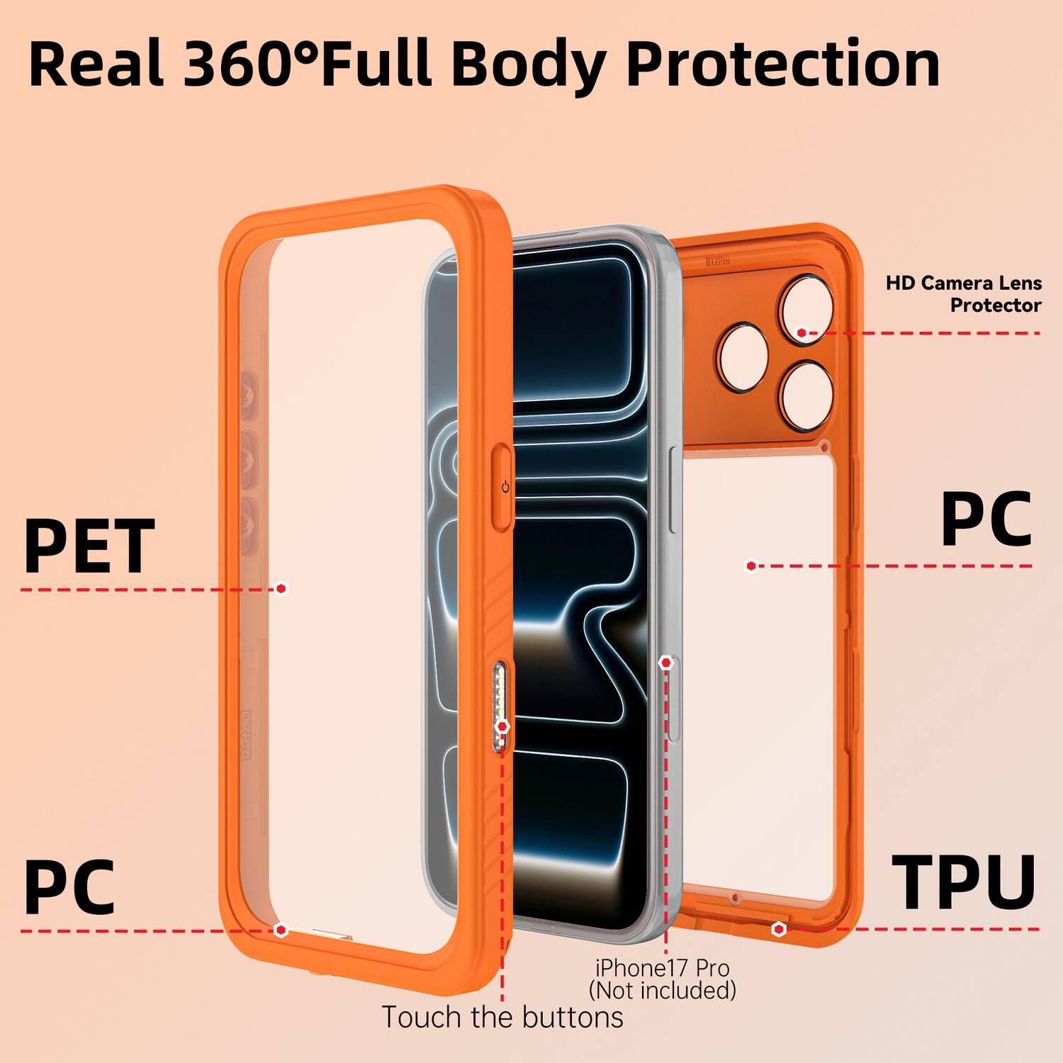 Real 360° Full Body Protection

HD Camera Lens Protector

PET

PC

TPU

iPhone 17 Pro (Not included)

Touch the buttons