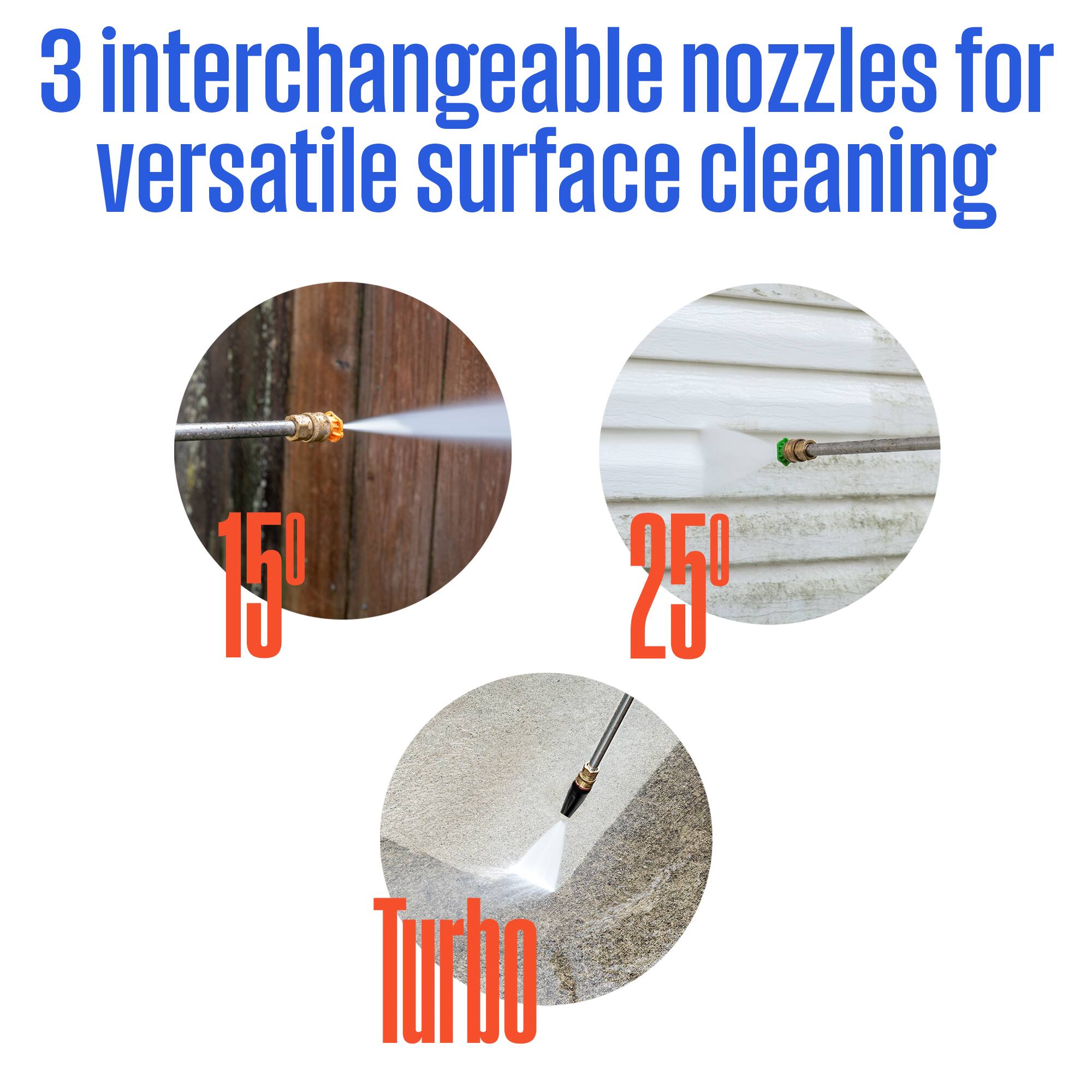 3 interchangeable nozzles for versatile surface cleaning

15°

25°

Turbo
