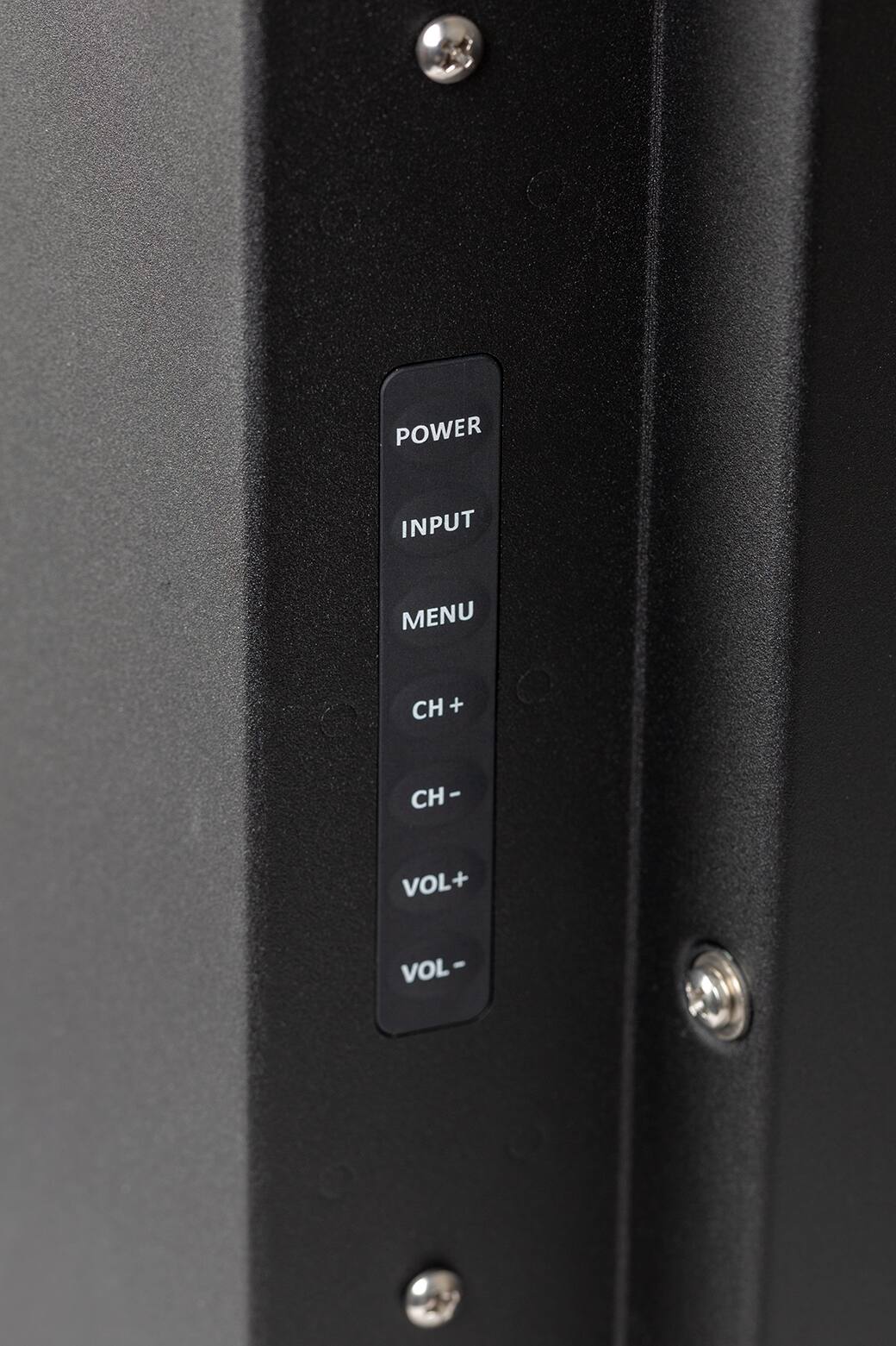 The text on the image reads: "Power Input Menu CH+ CH- Vol+ Vol-".