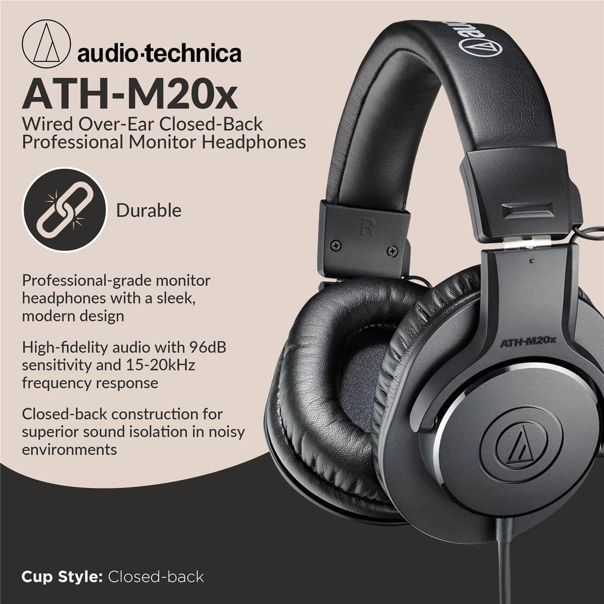 audio-technica ATH-M20x Wired Over-Ear Closed-Back Professional Monitor Headphones

Durable

Professional-grade monitor headphones with a sleek, modern design

High-fidelity audio with 96dB sensitivity and 15-20kHz frequency response

Closed-back construction for superior sound isolation in noisy environments

Cup Style: Closed-back