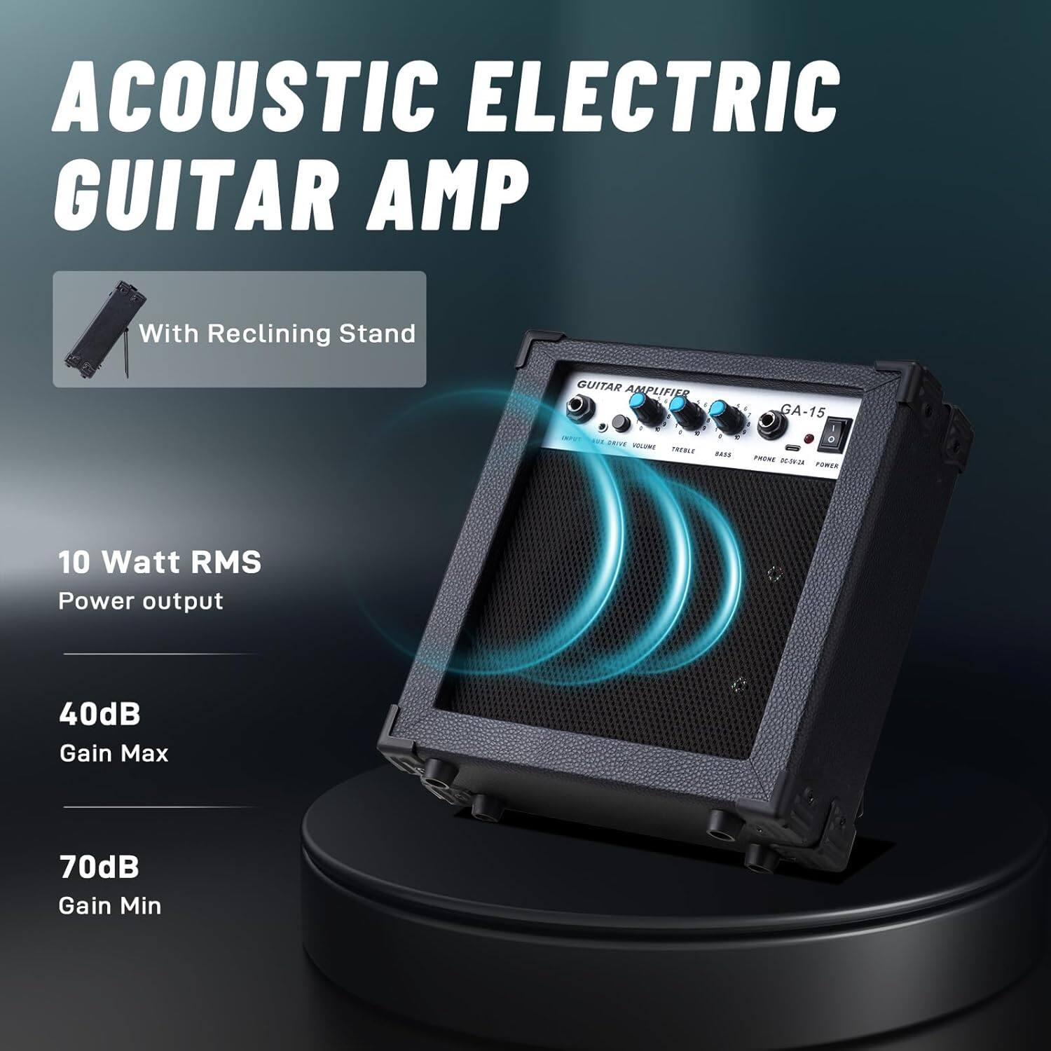 ACOUSTIC ELECTRIC GUITAR AMP With Reclining Stand GUITAR AMPLIFIER GA-15

10 Watt RMS Power output

40dB Gain Max

70dB Gain Min