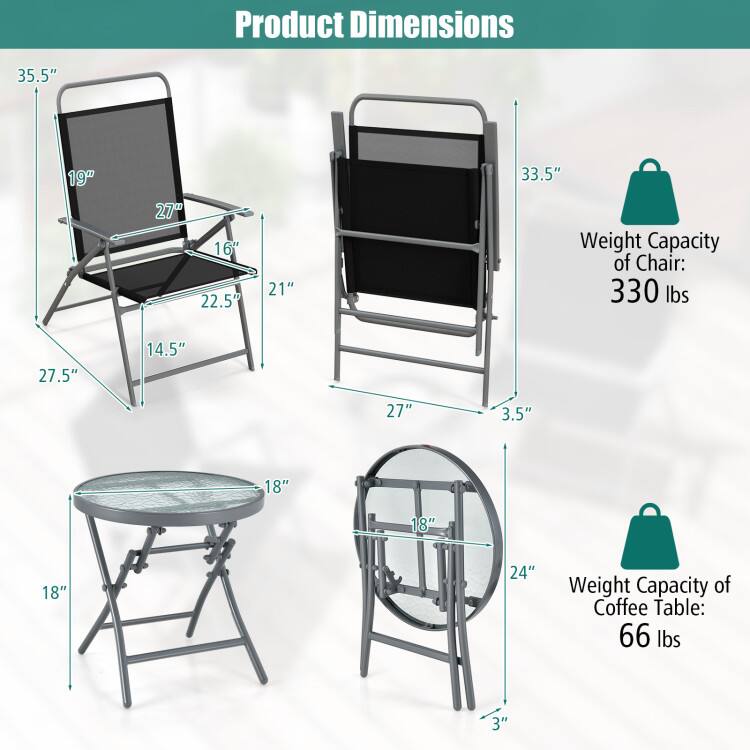 Product Dimensions:  
- Chair: 35.5" x 19" x 27" x 16" x 22.5" x 21" x 27.5" x 14.5"  
- Coffee Table: 18" x 18" x 24" x 3"  

Weight Capacity:  
- Chair: 330 lbs  
- Coffee Table: 66 lbs
