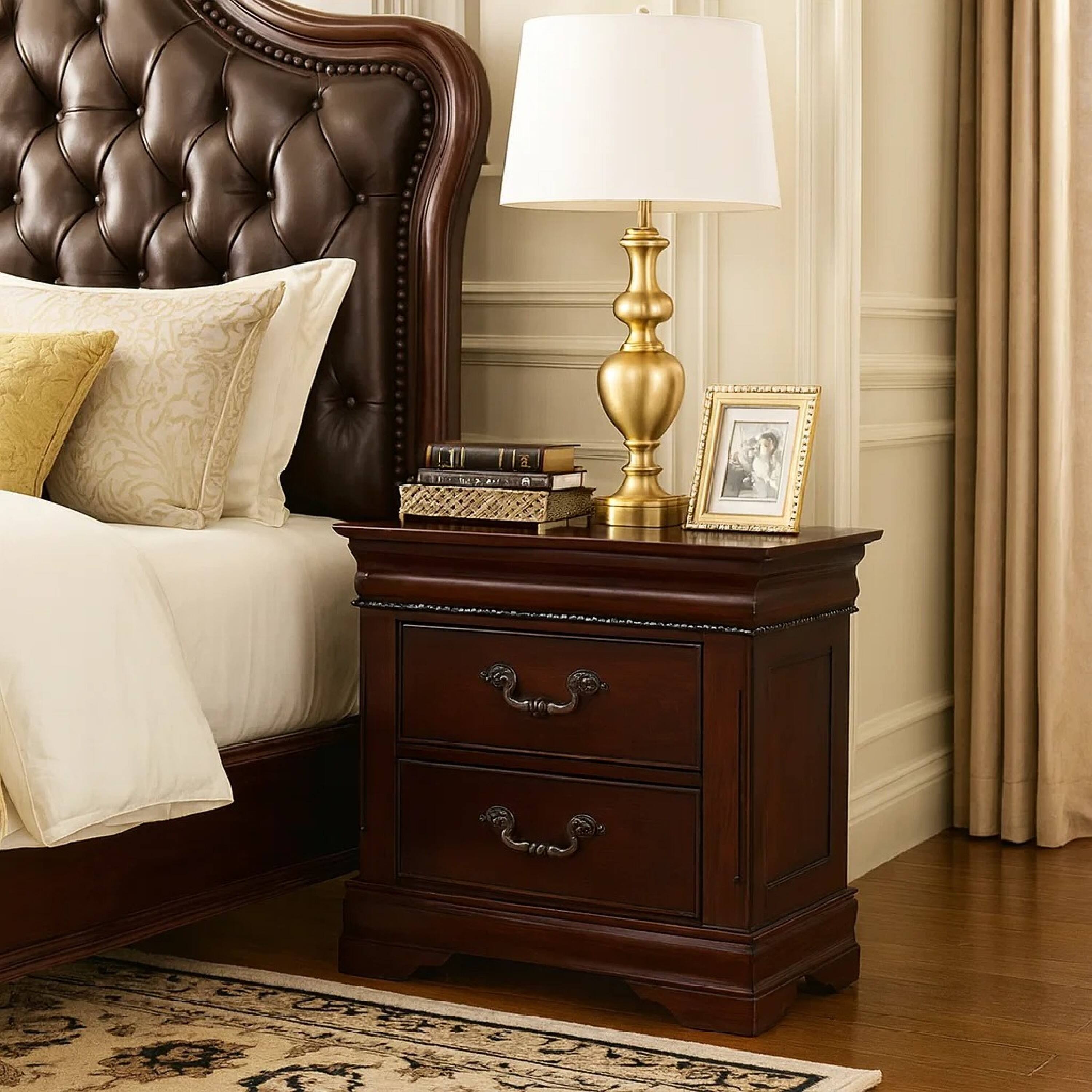 Alt View 5. Manhattan Lane - 2 Drawer Wooden Nightstand with Hidden Top Drawer and Metal Handles - Brown.