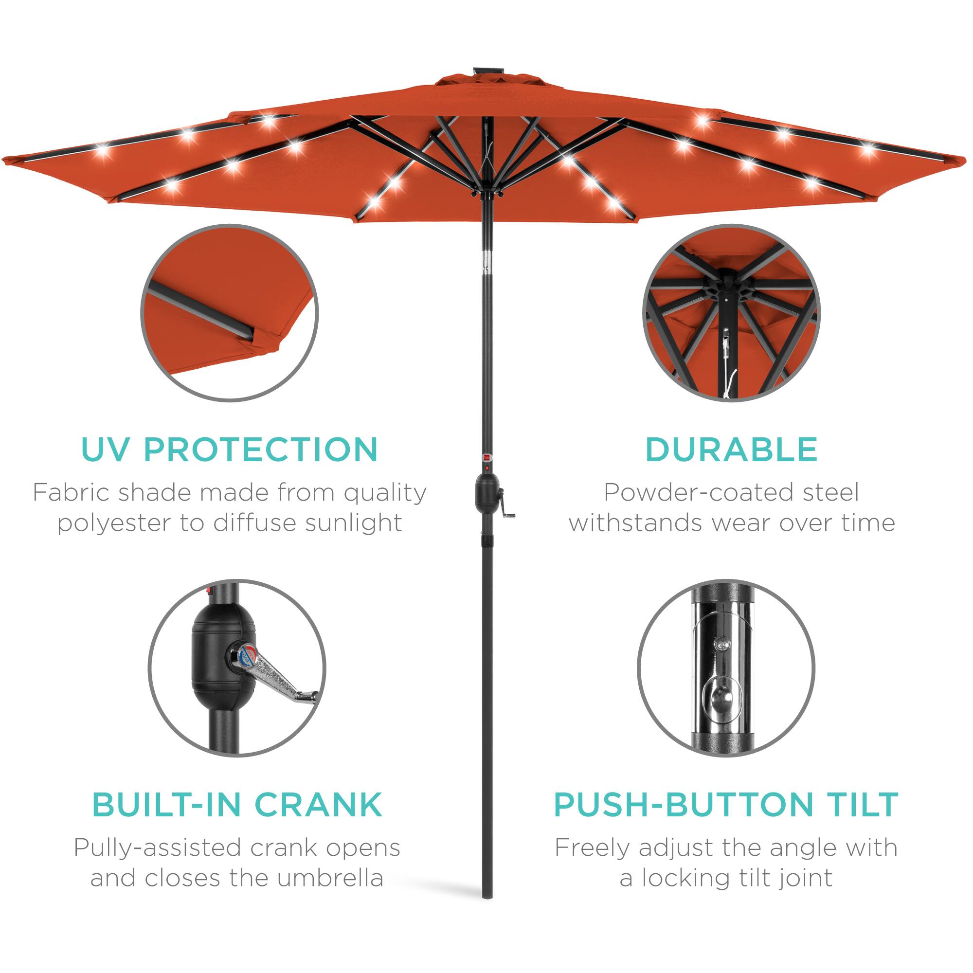 UV Protection: Fabric shade made from quality polyester to diffuse sunlight.  
Durable: Powder-coated steel withstands wear over time.  
Built-in Crank: Pulley-assisted crank opens and closes the umbrella.  
Push-button Tilt: Freely adjust the angle with a locking tilt joint.