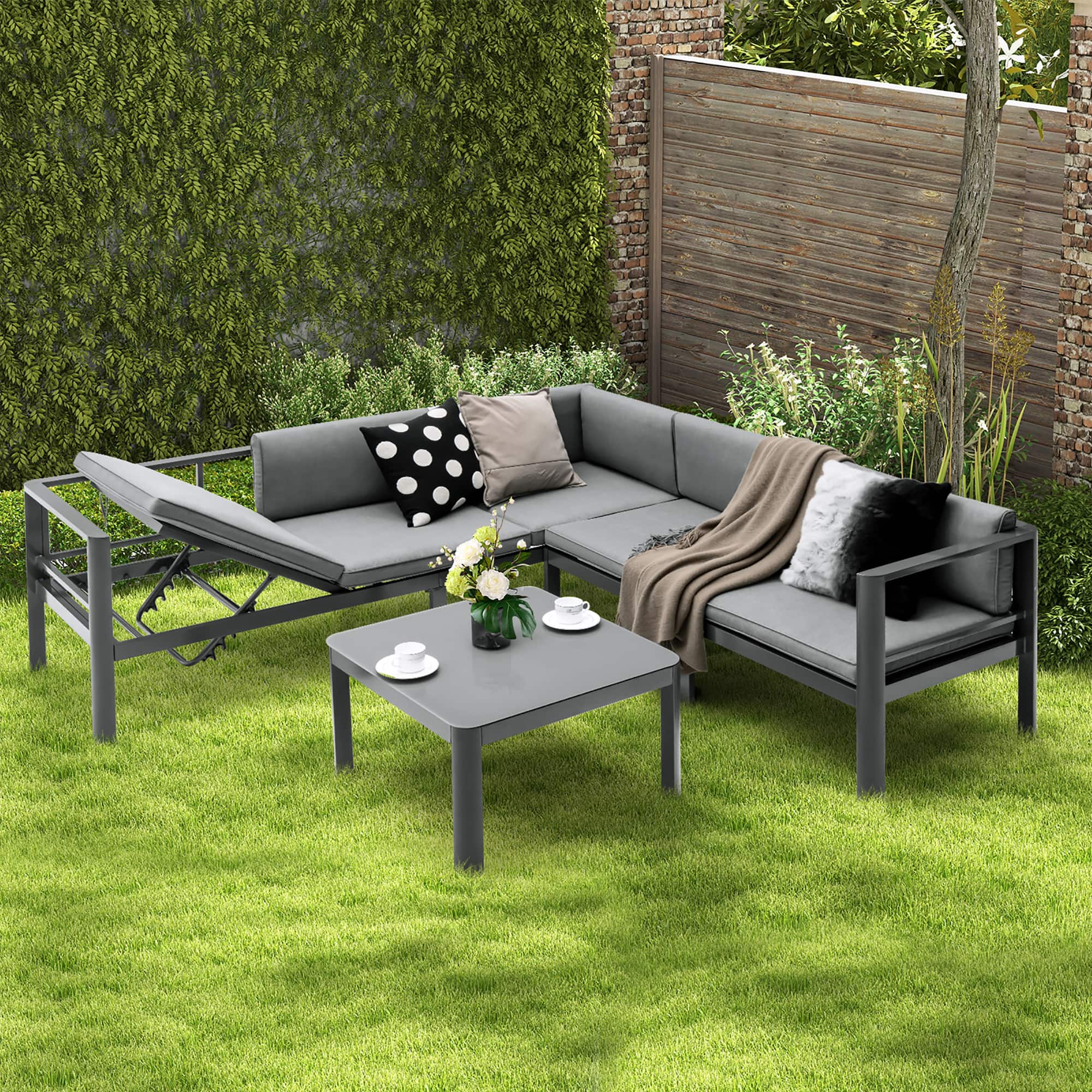 Gymax - 3PCS Patio Furniture Set Aluminum Lounge Adjust Back Recliner Sofa Table Cushion - Gray price history on PriceWatchPro