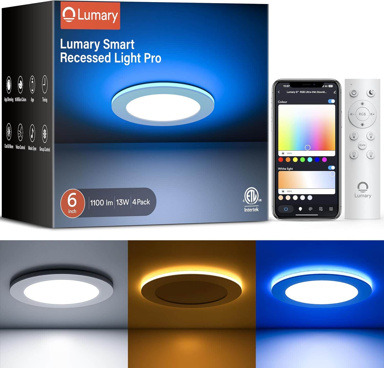 Lumary - 6" Smart Recessed Light with RGB Night Ring, Compatible with Alexa & Google Assistant, 4 Pack - White