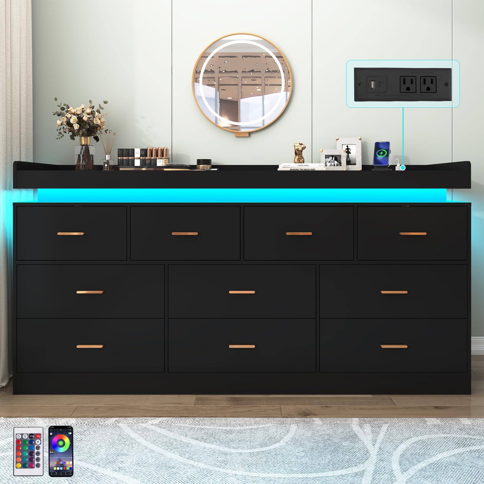 Alt View 2. Lent Glitter Wood - 10 Drawer LED Dresser with USB Charging, Modern Storage Cabinet for Closet Organization, Living Room & Hallway Furniture - black.