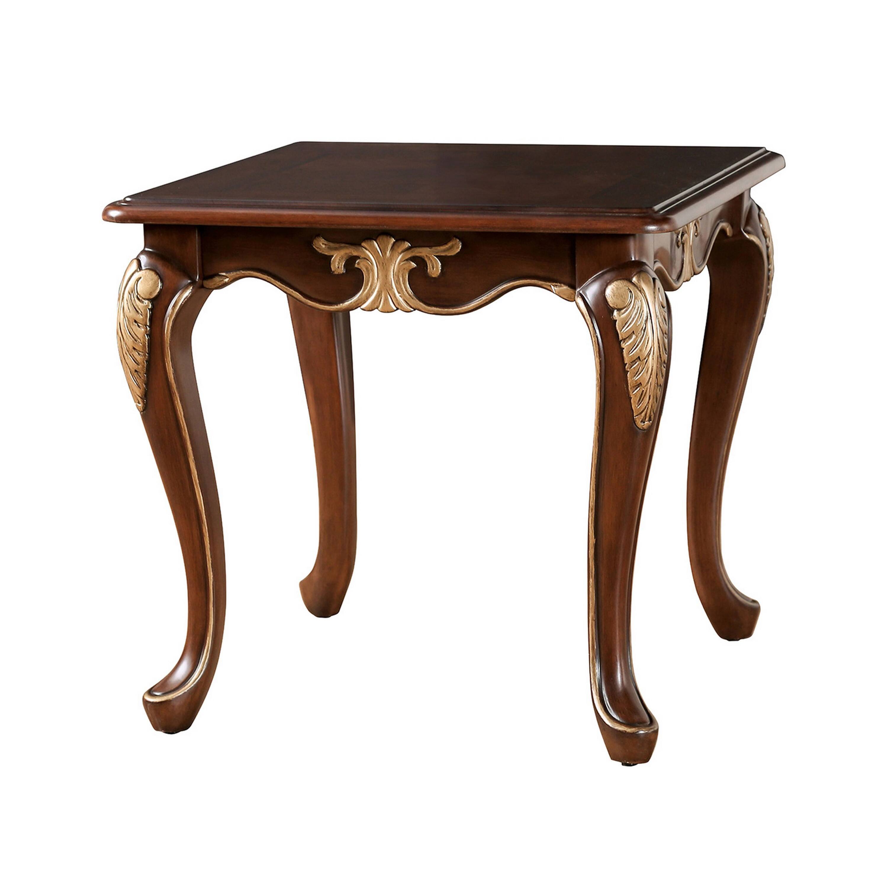 Alt View 1. Manhattan Lane - Saili Side End Table, Gold Carvings, 29 Inch, Cabriole, Tobacco Brown Wood - Tobacco Brown, Gold.