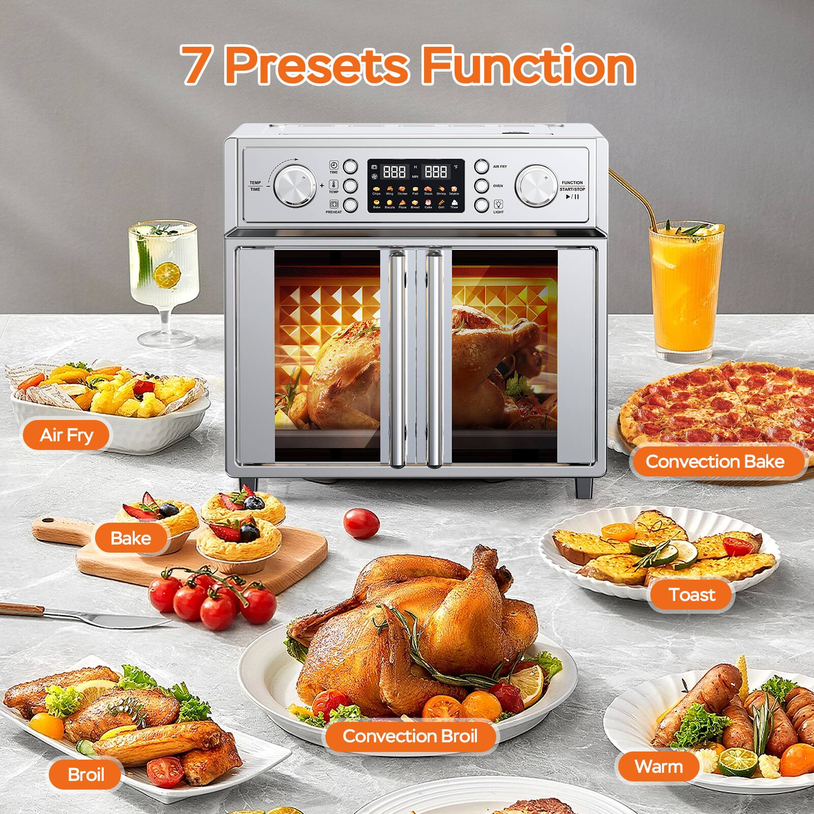 7 Presets Function

- Air Fry
- Bake
- Convection Bake
- Toast
- Broil
- Convection Broil
- Warm