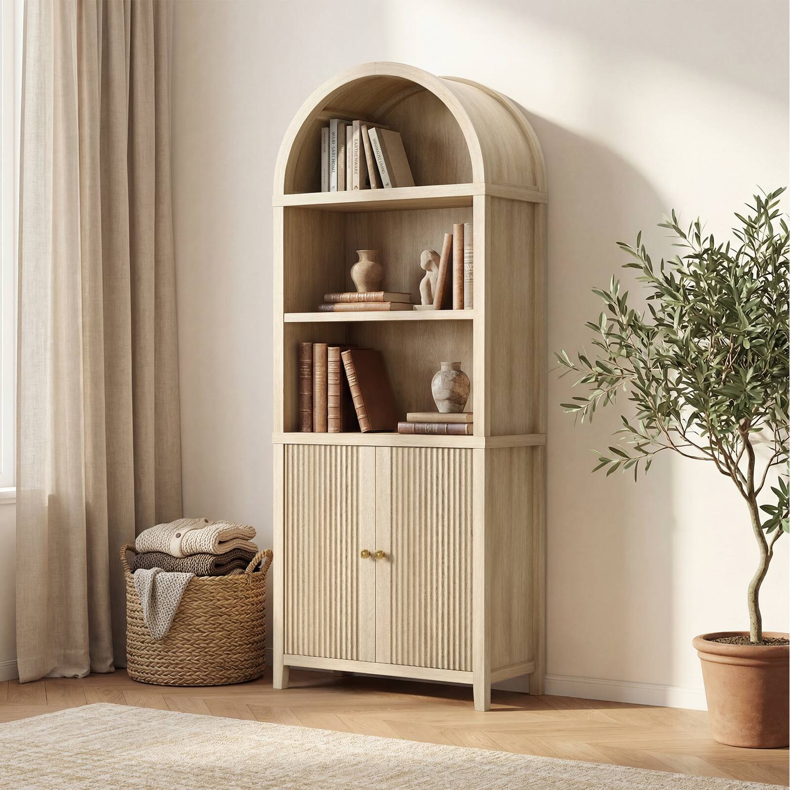 Angle. ModernMate - 76" Tall Arched Bookcase Modern Wood Fluted Storage Bookshelf with Adjustable Shelves and 2 Doors - Natural Oak.