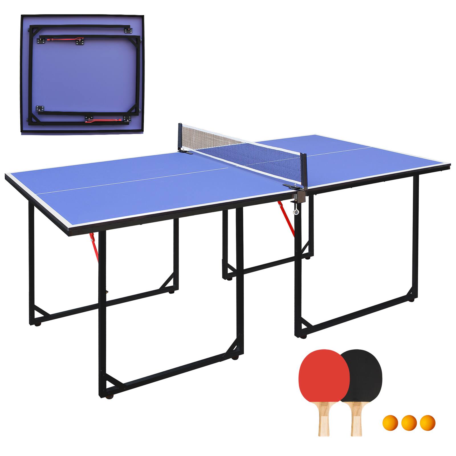 Front. Anysun - 6ft Foldable Ping Pong Table Set - Portable Mid-Size for Indoor/Outdoor, Includes Net, 2 Paddles & 3 Balls - Blue+Black.