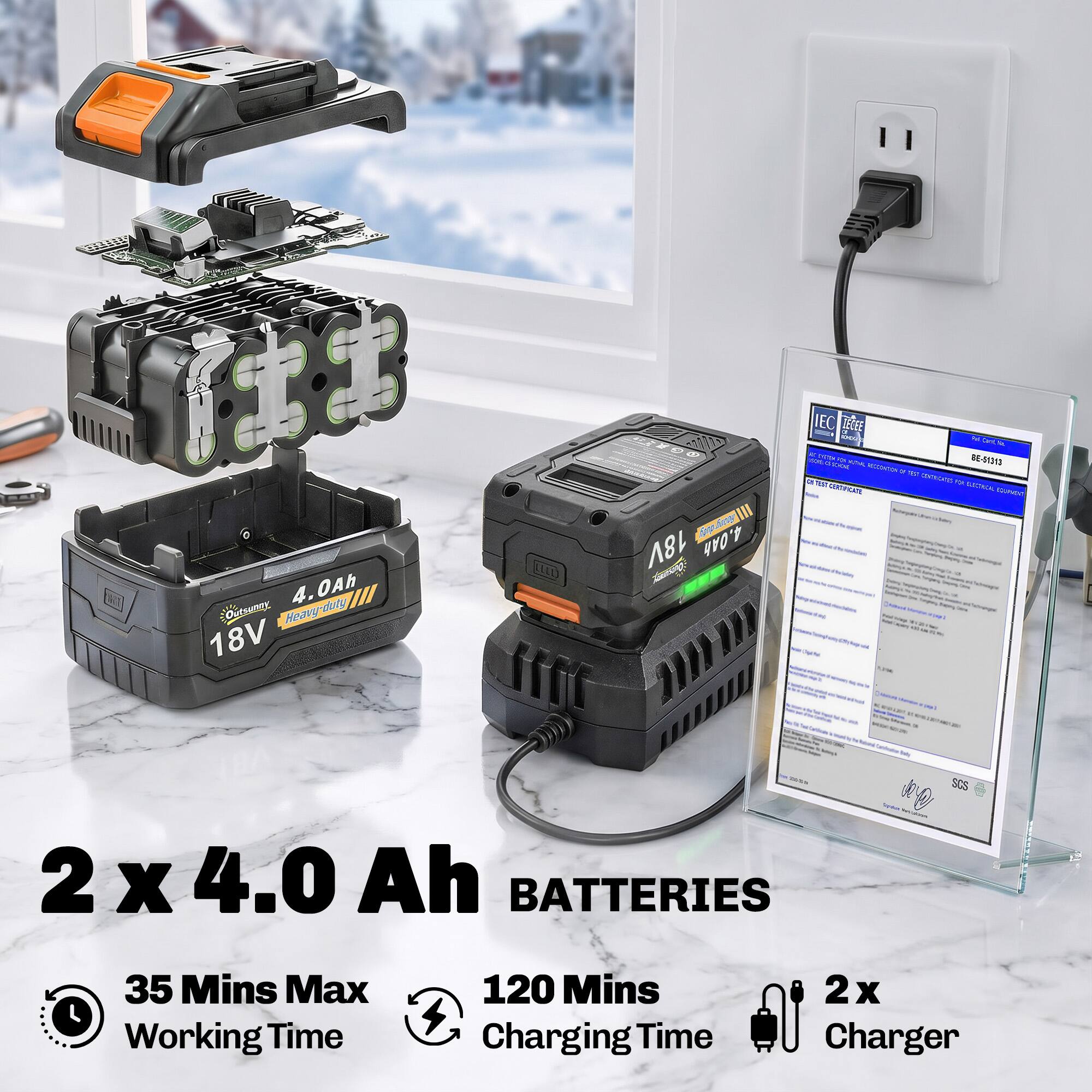 Outsunny Heavy-duty 18V - 4.0Ah

IEC ZEGEE flive Fat CHE R SOCED , RECCONTION BE-51313 1

2 X 4.0 Ah BATTERIES

35 Mins Max Working Time

120 Mins Charging Time

2x Charger