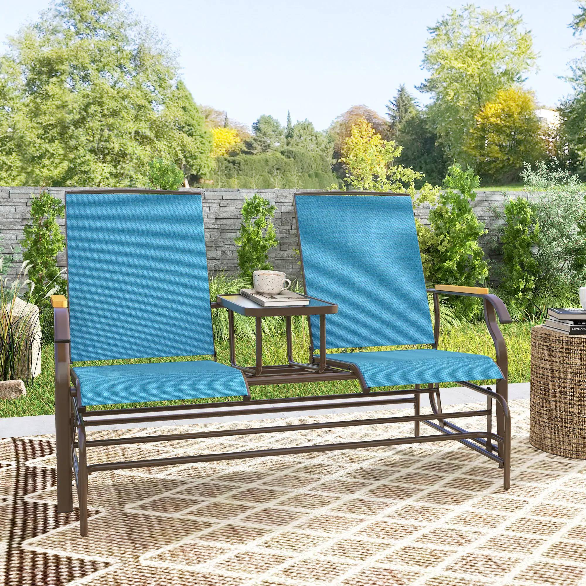 Left. Resenkos - Resenkos 2-Person Glider Bench, Steel Frame Swing Loveseat with Table, Outdoor Relaxation, Perfect for Patio,Blue - Blue.