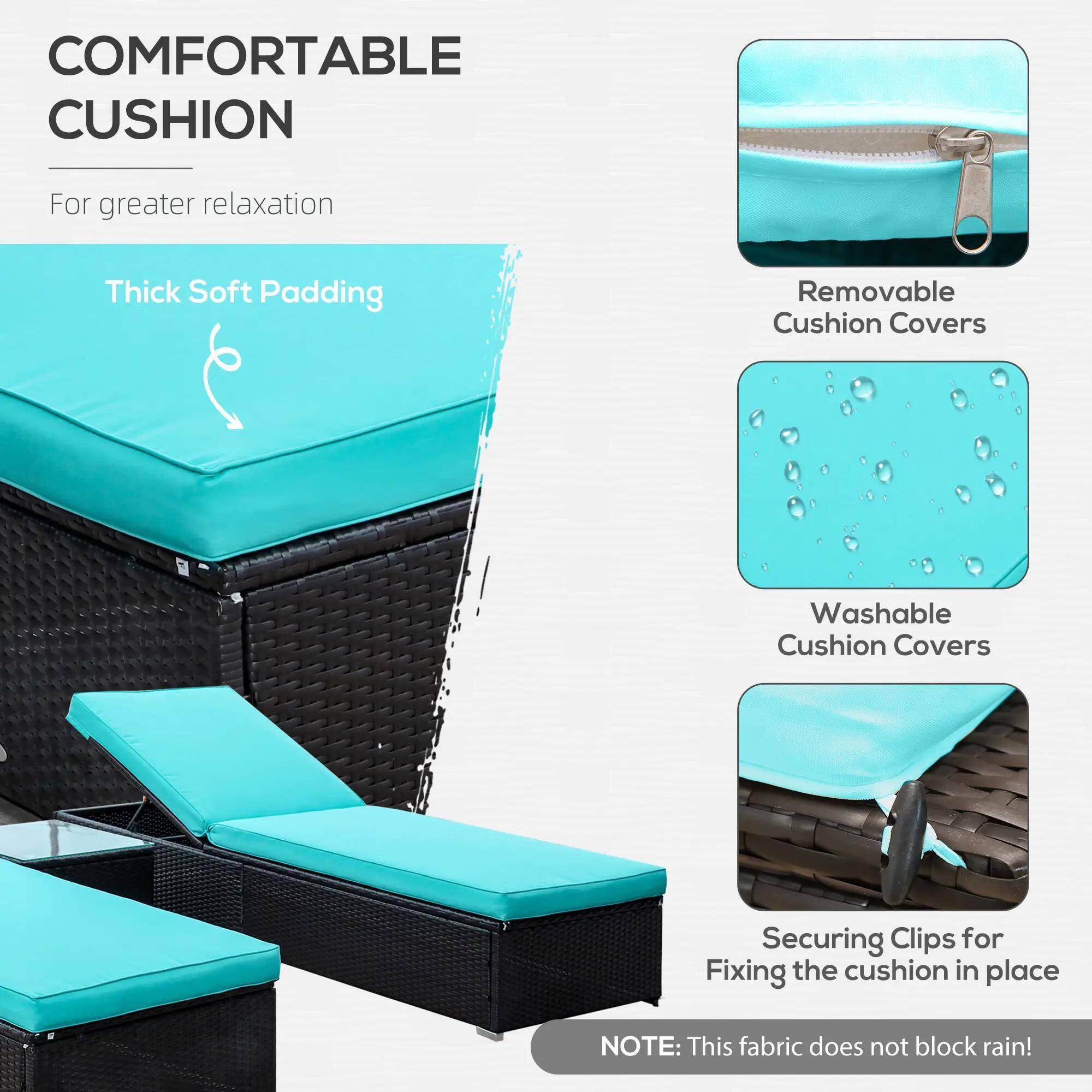 COMFORTABLE CUSHION
For greater relaxation
Thick Soft Padding
Removable Cushion Covers
Washable Cushion Covers
Securing Clips for Fixing the cushion in place

NOTE: This fabric does not block rain!