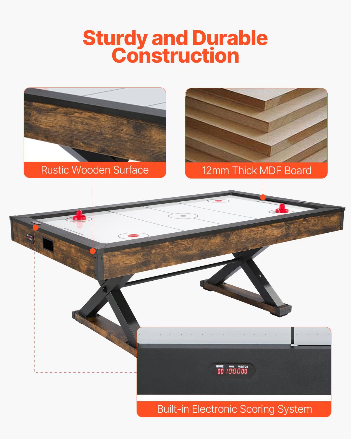 Sturdy and Durable Construction, Rustic Wooden Surface, 12mm Thick MDF Board, Built-in Electronic Scoring System