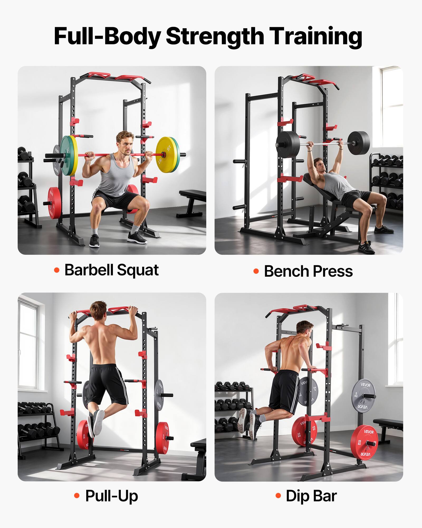 Full-Body Strength Training

- Barbell Squat
- Bench Press
- Pull-Up
- Dip Bar