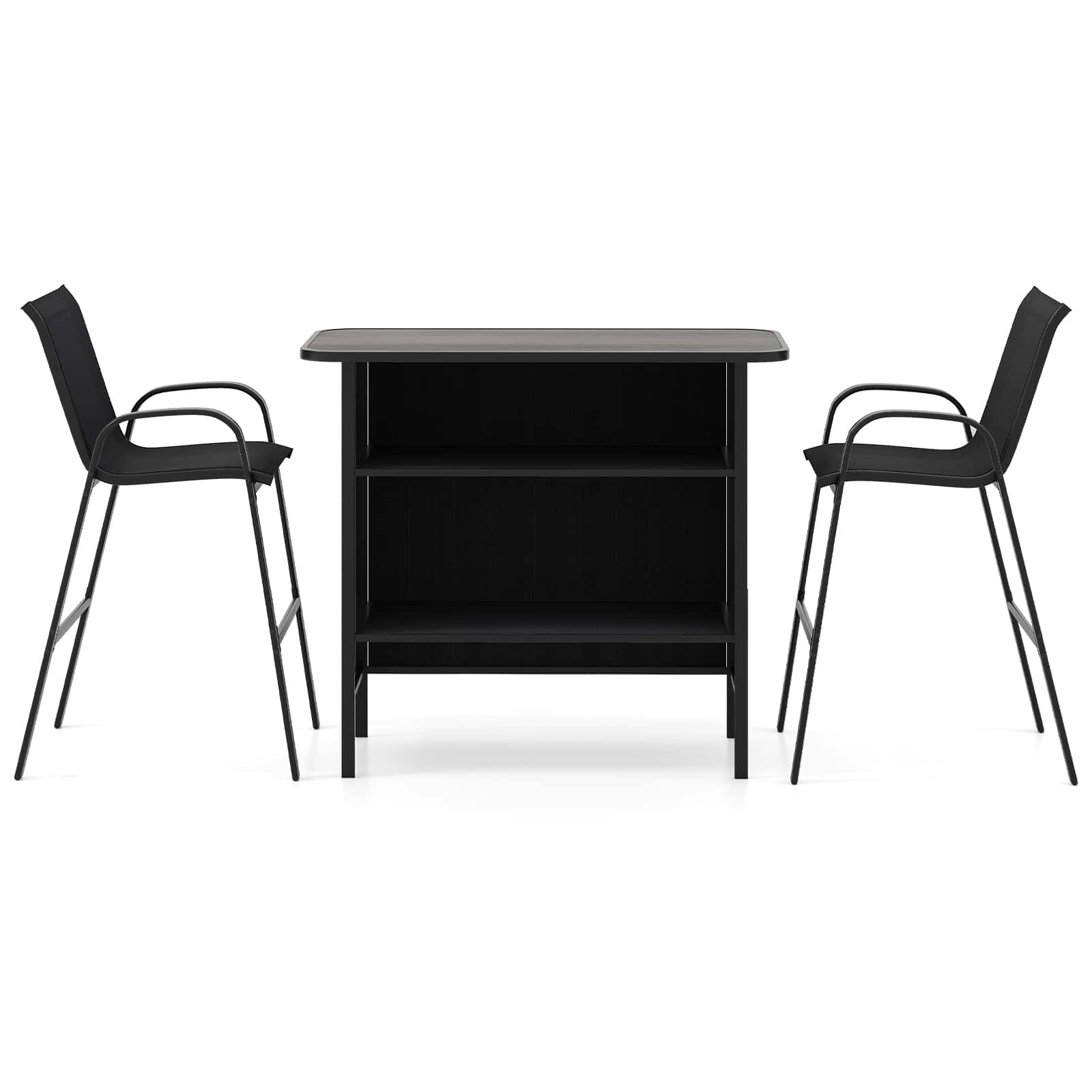 Gymax - Set Of 3 Outdoor Bar Set Bar Height Table & Armchairs w/ Footrest 2-Tier Shelf - Black