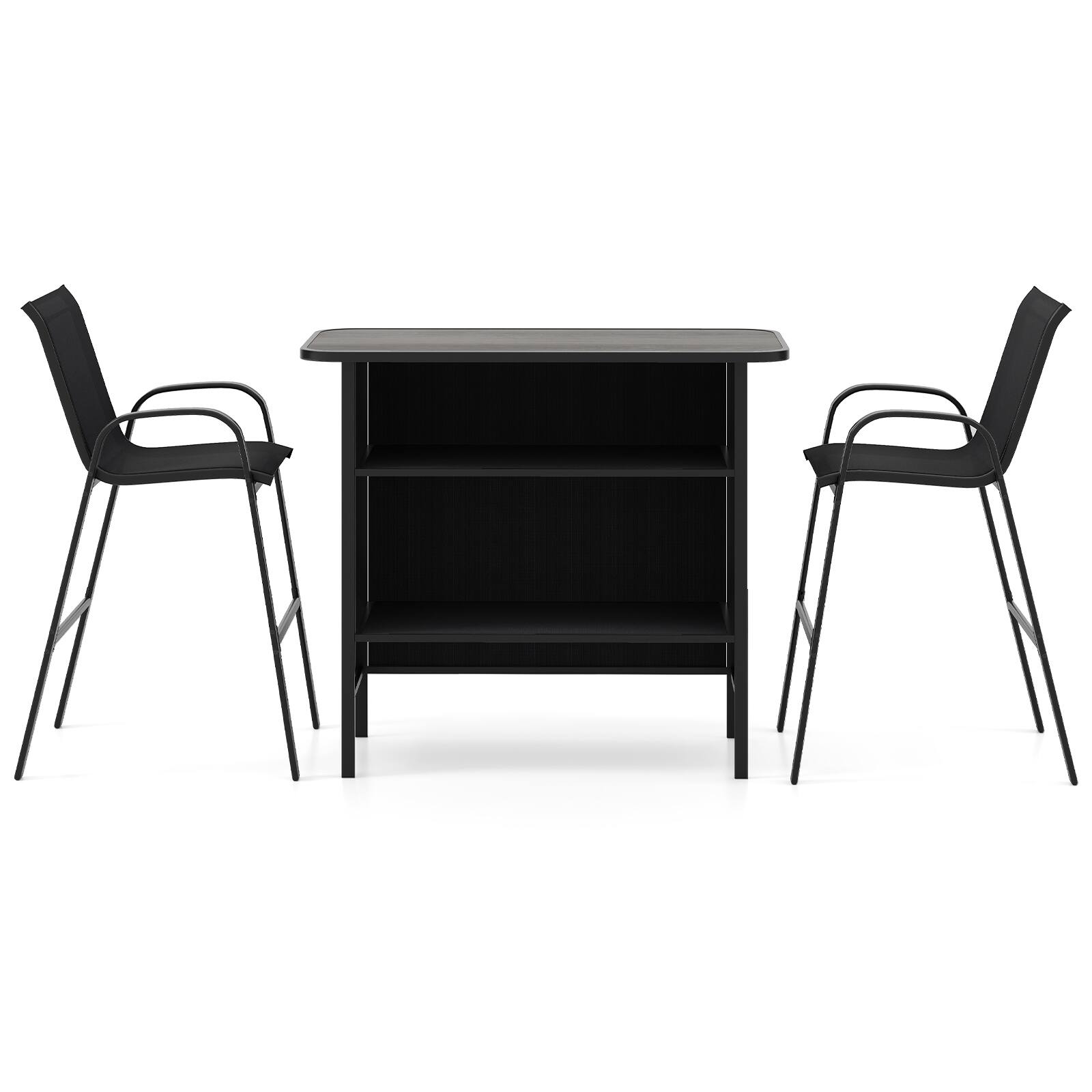 Front. Gymax - Gymax Set Of 3 Outdoor Bar Set Bar Height Table & Armchairs w/ Footrest 2-Tier Shelf Black - Black.