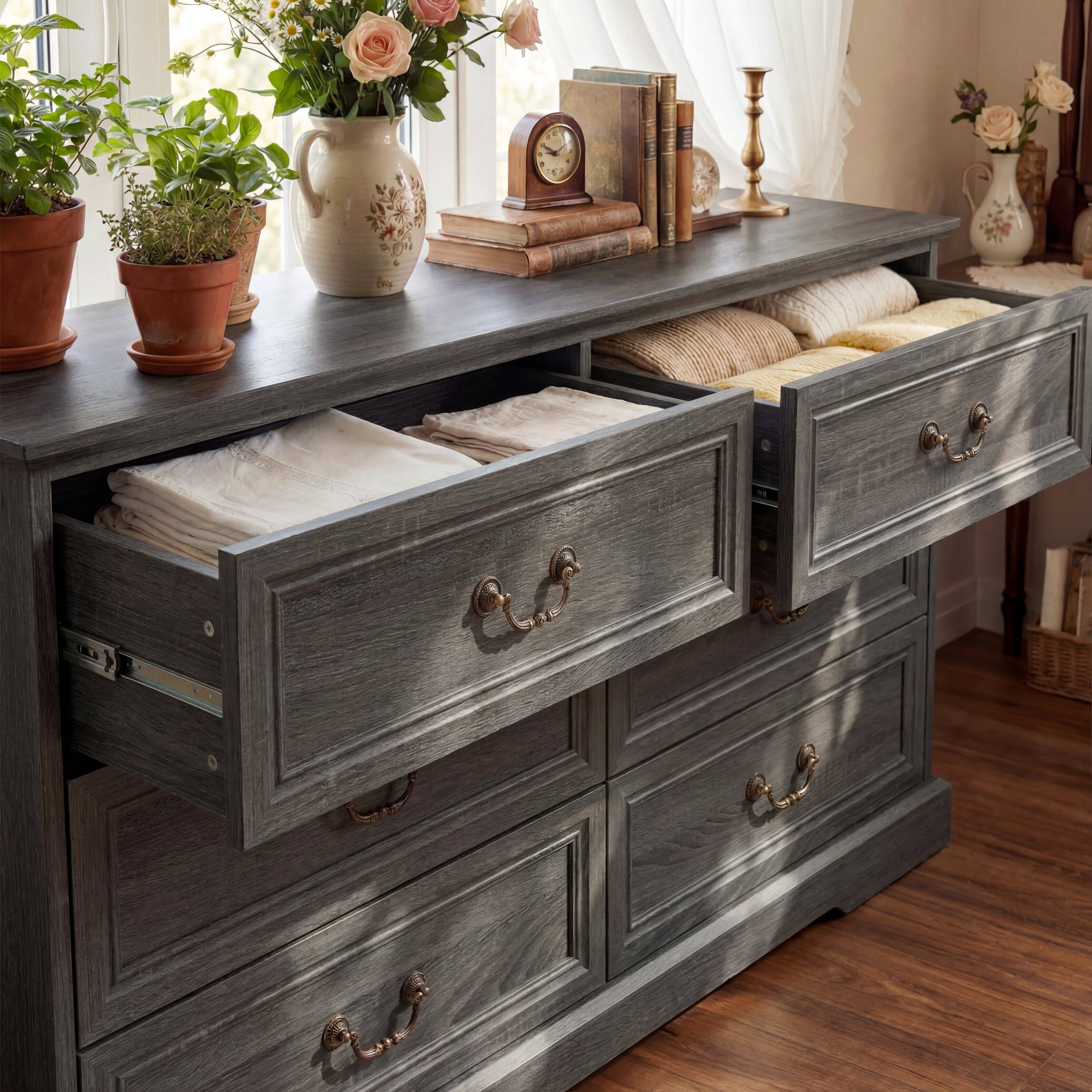 Alt View 6. FUFU & GAGA - Vintage 6-Drawer Dresser - Farmhouse Style Storage Chest with Bronze Hardware for Bedroom, Living Room, Entryway - Distressed gray.