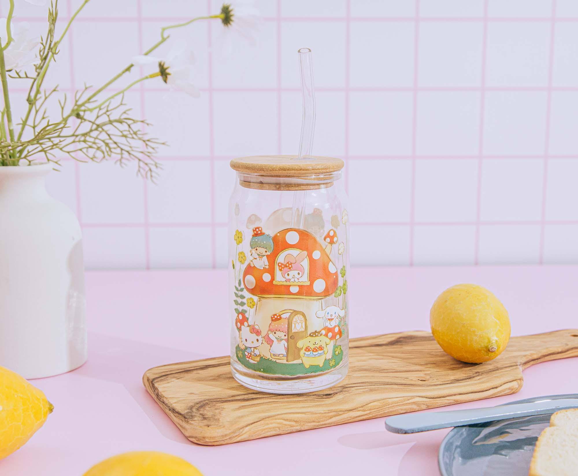 Alt View 2. Silver Buffalo - Sanrio Hello Kitty and Friends Mushroom Glass Tumbler With Bamboo Lid and Straw - Red.