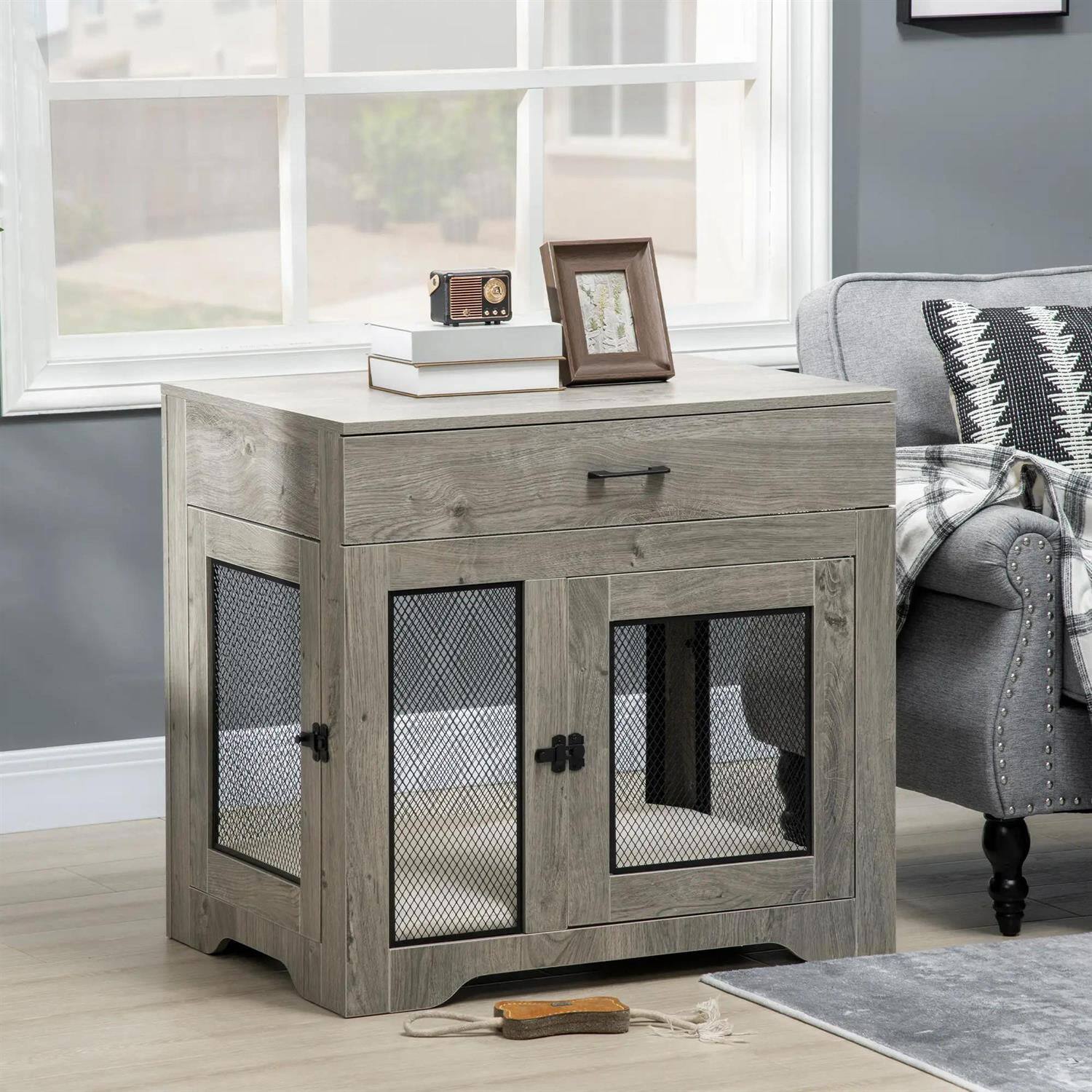Angle. Pefilos - 37" Dog Crate Furniture with Soft Water-Resistant Cushion, Drawer, Wooden Kennel Table.