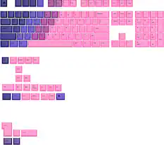 The image shows a keyboard with various keys highlighted in pink and purple. The keys highlighted in pink are the function keys, while the keys highlighted in purple are the alphabet keys. The keyboard layout is a standard QWERTY layout.