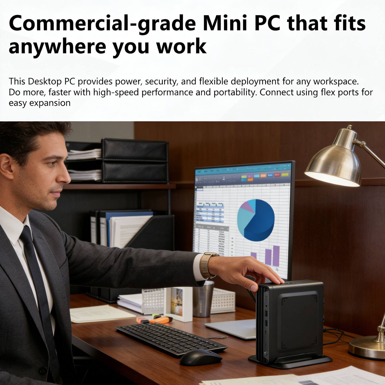 Commercial-grade Mini PC that fits anywhere you work

This Desktop PC provides power, security, and flexible deployment for any workspace. Do more, faster with high-speed performance and portability. Connect using flex ports for easy expansion.