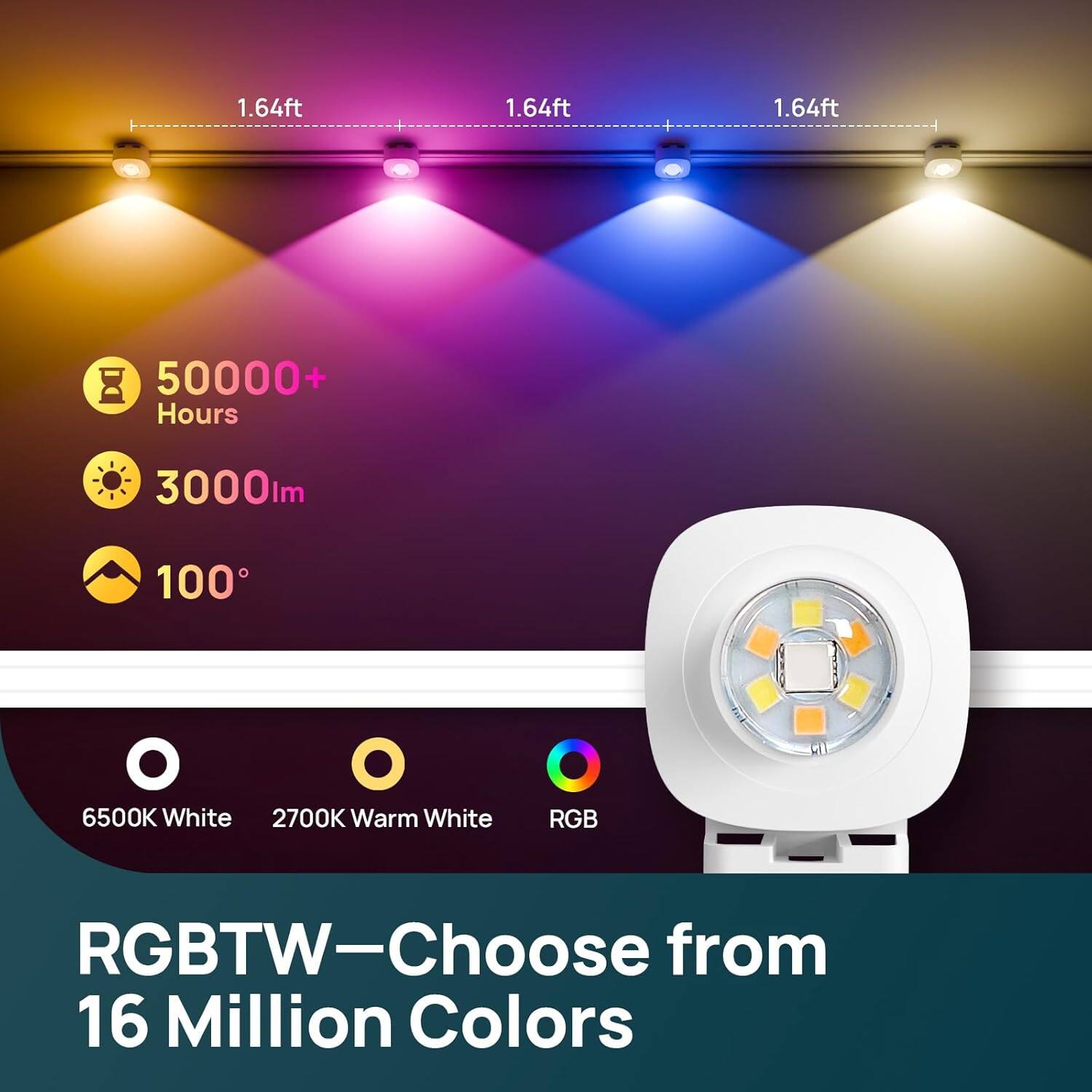 1.64ft 1.64ft 1.64ft  
50000+ Hours  
3000lm  
100°  
6500K White 2700K Warm White RGB  
RGBTW—Choose from 16 Million Colors