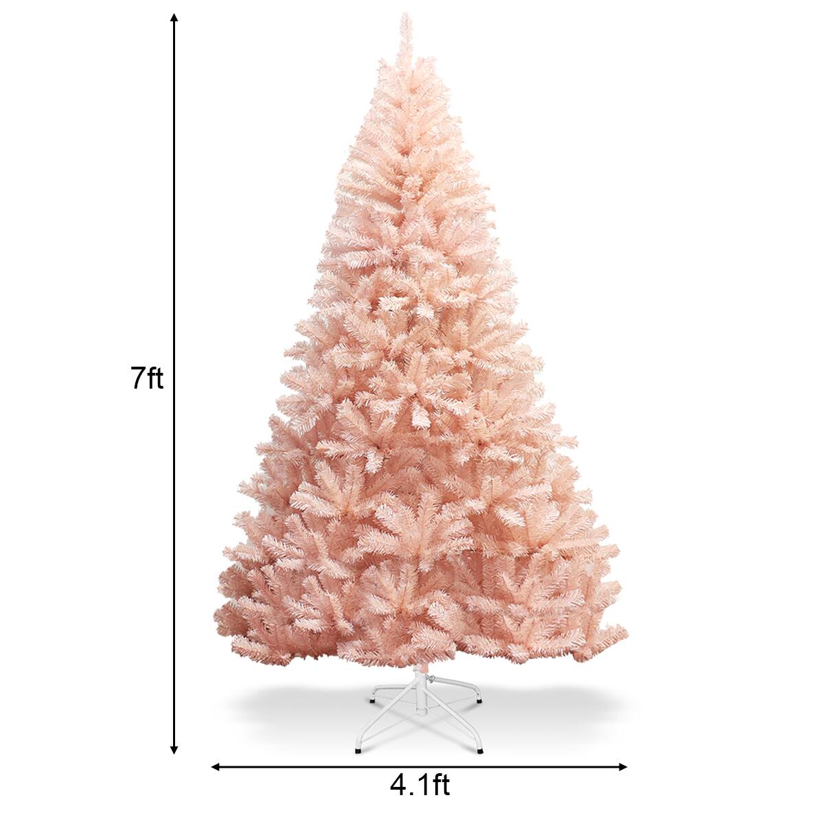 The text on the image reads "7ft 4.1ft," which indicates that the pink Christmas tree is approximately 7 feet tall and 4.1 feet wide.
