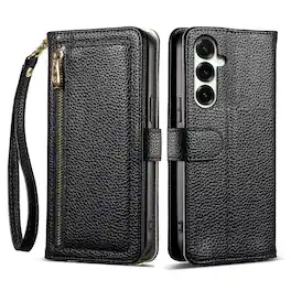Dteck - Wallet Case for Samsung Galaxy S26+ with Crossbody Strap and Wristlet, PU Leather Zipper Purse Kickstand Cover - Black