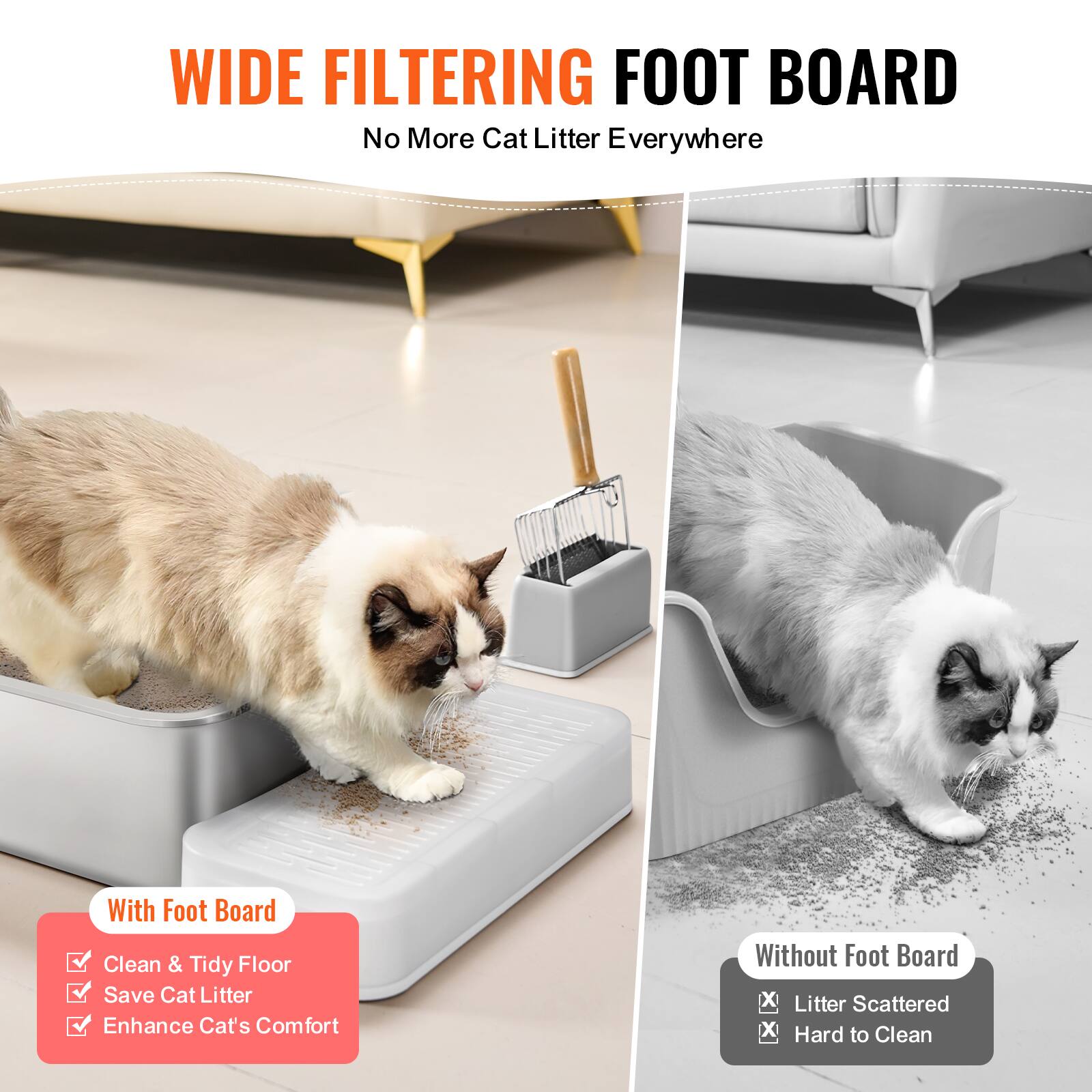 WIDE FILTERING FOOT BOARD
No More Cat Litter Everywhere

With Foot Board:
- Clean & Tidy Floor
- Save Cat Litter
- Enhance Cat's Comfort

Without Foot Board:
- Litter Scattered
- Hard to Clean