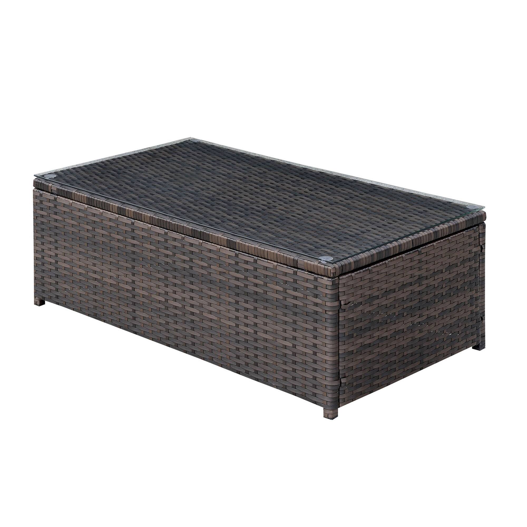 Alt View 1. Manhattan Lane - Rectangular Faux Rattan and Aluminum Coffee Table with Glass Top - Brown.