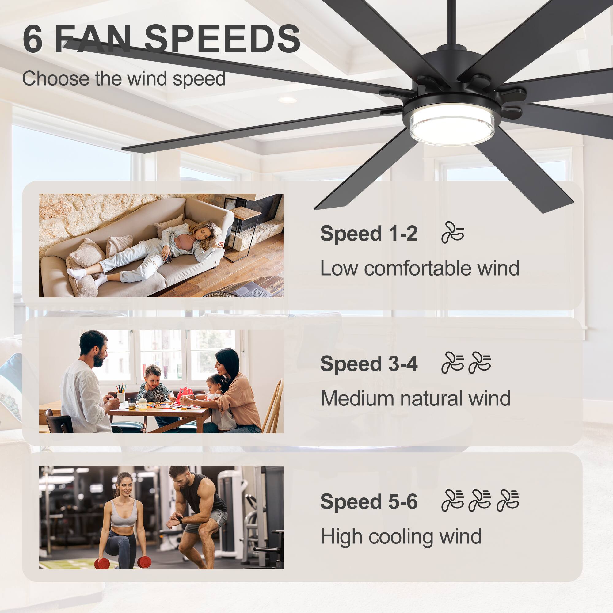 6 FAN SPEEDS  
Choose the wind speed  

Speed 1-2  
Low comfortable wind  

Speed 3-4  
Medium natural wind  

Speed 5-6  
High cooling wind