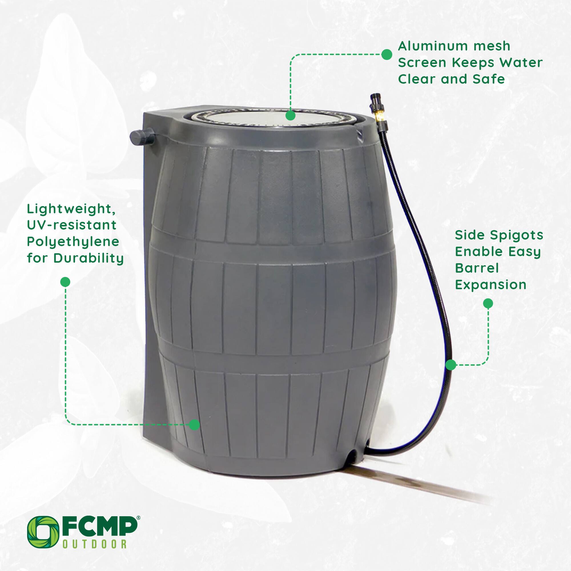 Aluminum mesh Screen Keeps Water Clear and Safe  
Lightweight, UV-resistant Polyethylene for Durability  
Side Spigots Enable Easy Barrel Expansion  
FCMP OUTDOOR