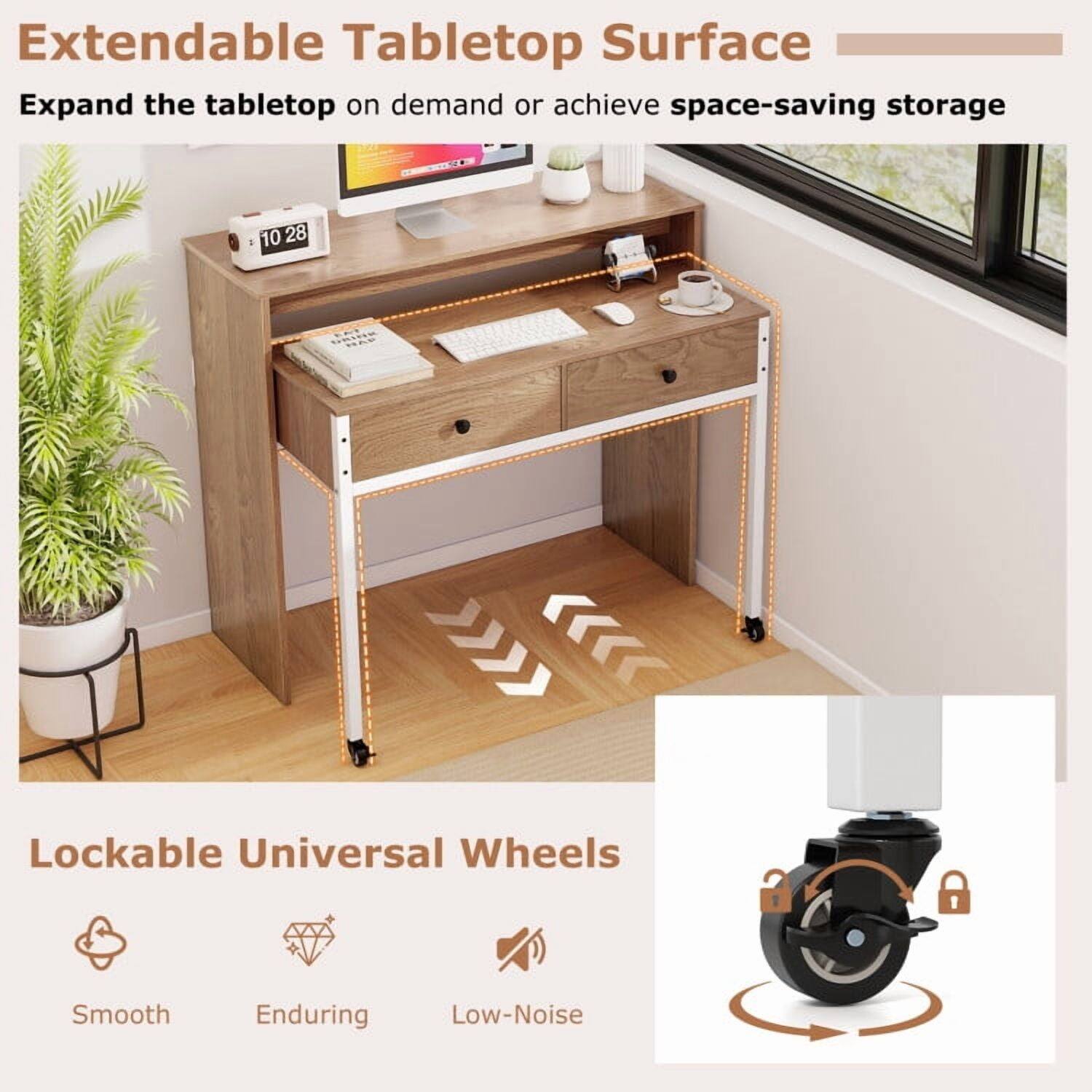 Extendable Tabletop Surface  
Expand the tabletop on demand or achieve space-saving storage  

Lockable Universal Wheels  
Smooth  
Enduring  
Low-Noise