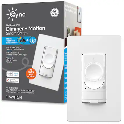 Cync No Neutral Wire Dimmer + Motion Smart Switch
Makes Traditional Bulbs Smart
For Homes With or Without Neutral Wires
Set Schedules & Scenes in the Cync App
Voice* & Out-of-Home Control
Works with Alexa
Works with Google Home
WI-FI SWITCH NO ADDITIONAL HUB REQUIRED
*Requires pairing to a voice assistant (sold separately)
1 SWITCH
no neutral wire required
Get More Functionality From Traditional Bulbs
Helps Set Schedules & Control Energy Without Replacing Bulbs
Program Ambiance, Conserve, Smooth Control, Install Easily
*Requires pairing to a voice assistant (sold separately)