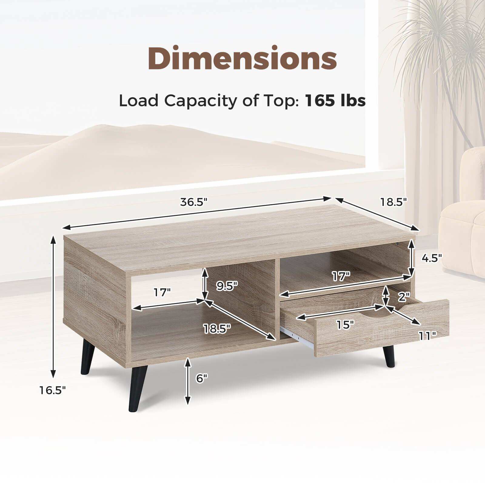 Dimensions  
Load Capacity of Top: 165 lbs  
36.5" x 18.5" x 17" x 9.5" x 17" x 2" x 4.5" x 18.5" x 15" x 11" x 16.5" x 6"