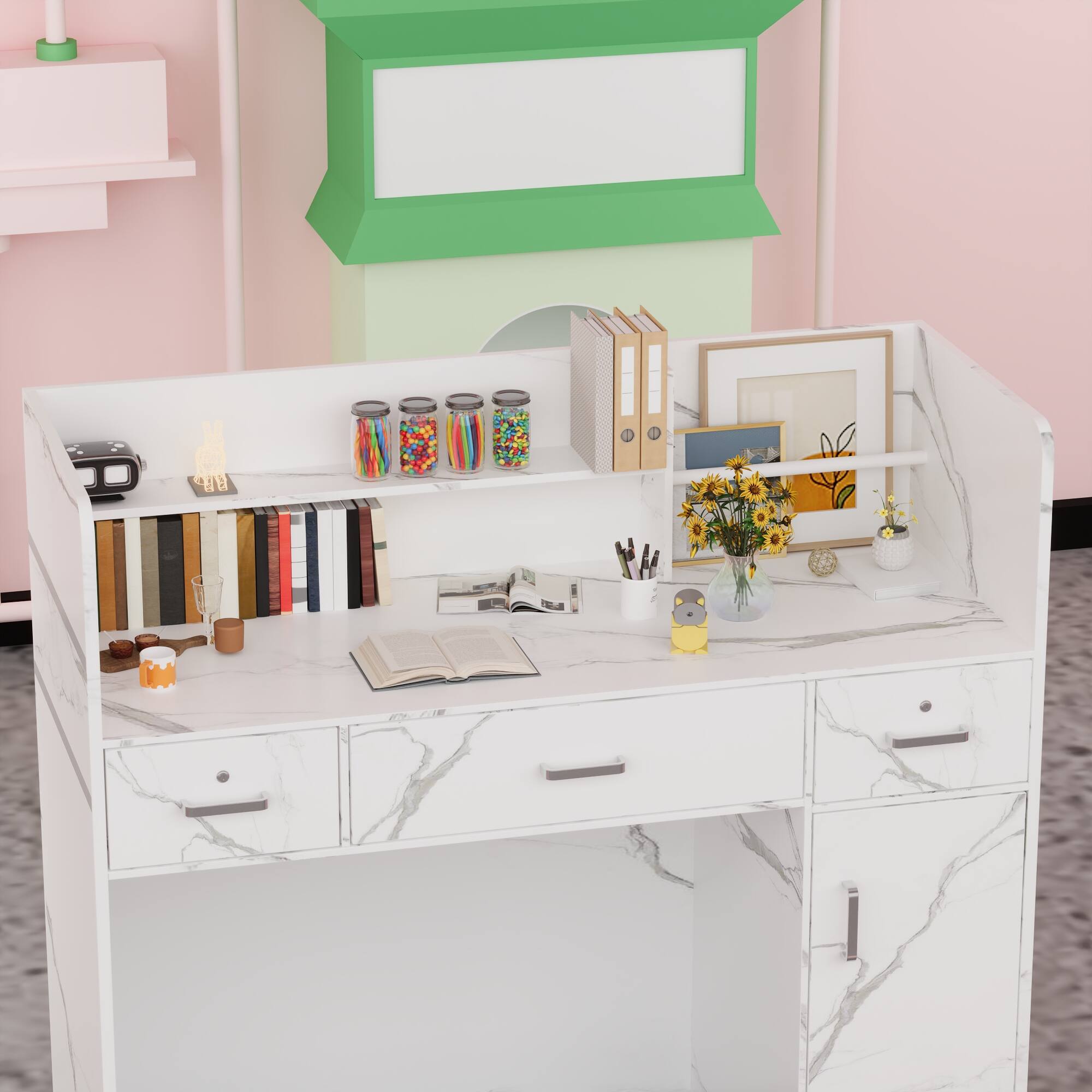 Alt View 6. Famapy - Marble Pattern Desk with Drawer and Cabinet, Computer Desk, Office Reception Table, Study Writing Table with Storage - Marble White.