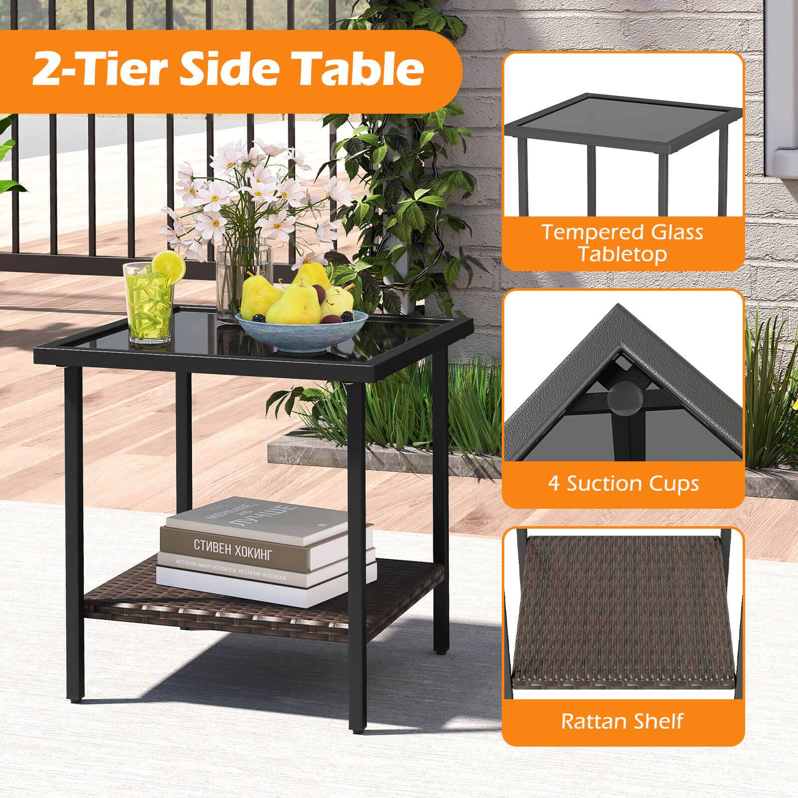 2-Tier Side Table

- Tempered Glass Tabletop
- 4 Suction Cups
- Rattan Shelf