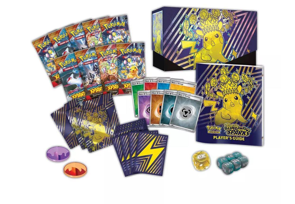 Sure, here is the corrected and grouped text:

---

**Pokémon Trading Card Game**

**Surging Sparks Player's Guide**

**Basic Energy Cards:**
- Basic Energy
- Basic Energy
- Basic Energy
- Basic Energy

**Pokémon Cards:**
- Pikachu
- Pikachu
- Pikachu
- Pikachu

**Other Cards:**
- Basic Energy
- Basic Energy
- Basic Energy
- Basic Energy

**Damage Counters:**
- 20
- 40
- 50
- 70
- 80
- 100
- 110
- 120
- 160
- 180

**Ex Card:**
- Pikachu (Ex)

**Other Items:**
- Player's Guide
- Trading Card Game Box

---